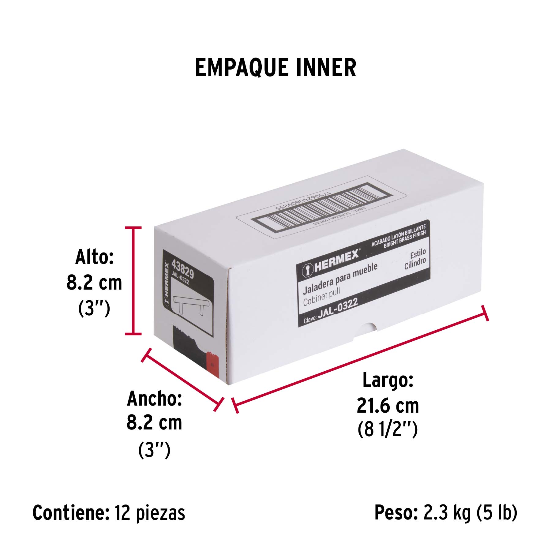 Jaladera de acero, 128mm, línea Cilindro, latón brillante - Empaque