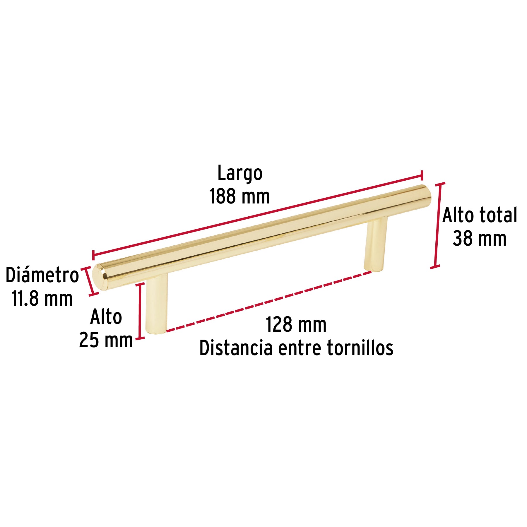 Jaladera de acero, 128mm, línea Cilindro, latón brillante