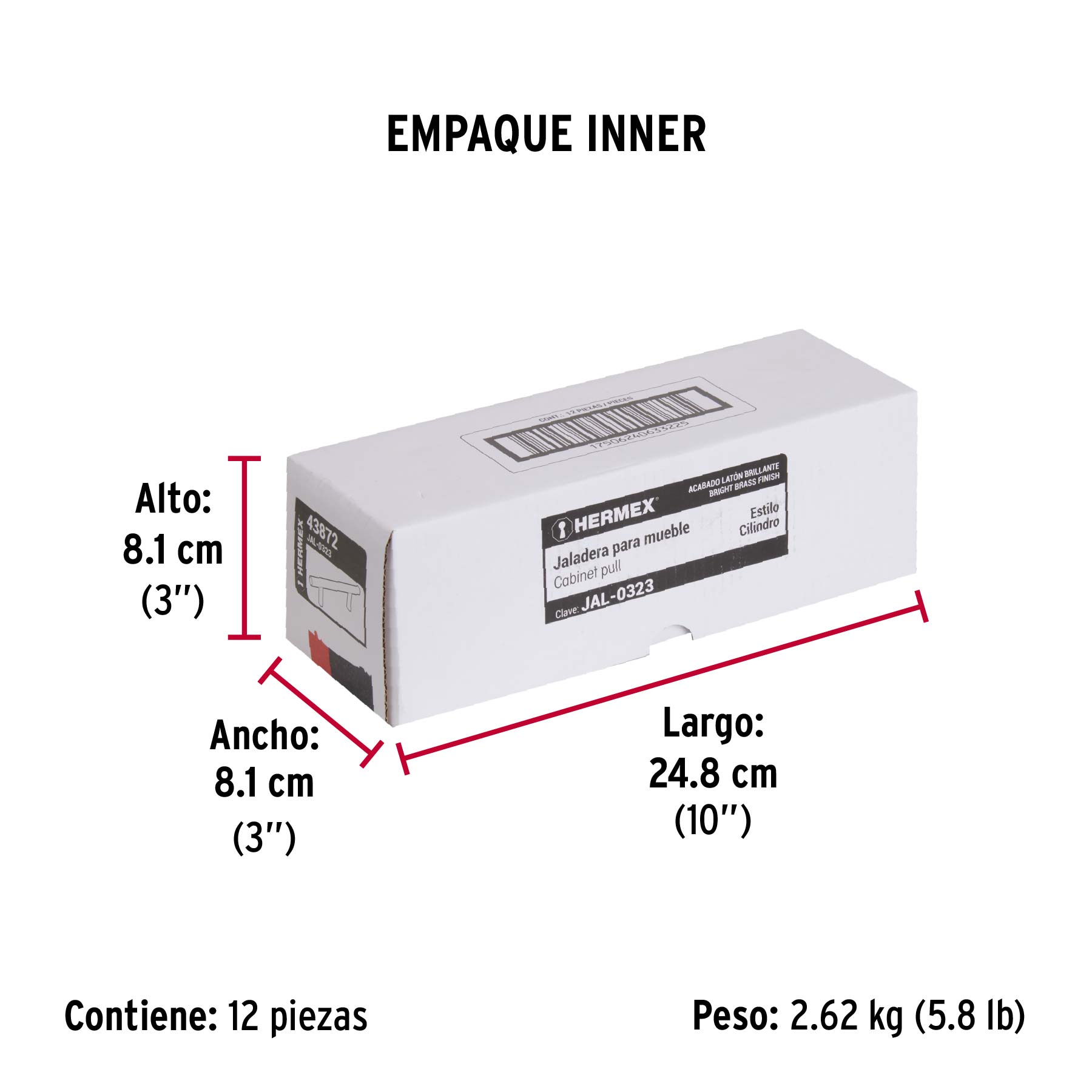 Jaladera de acero, 160mm, línea Cilindro, latón brillante - Empaque