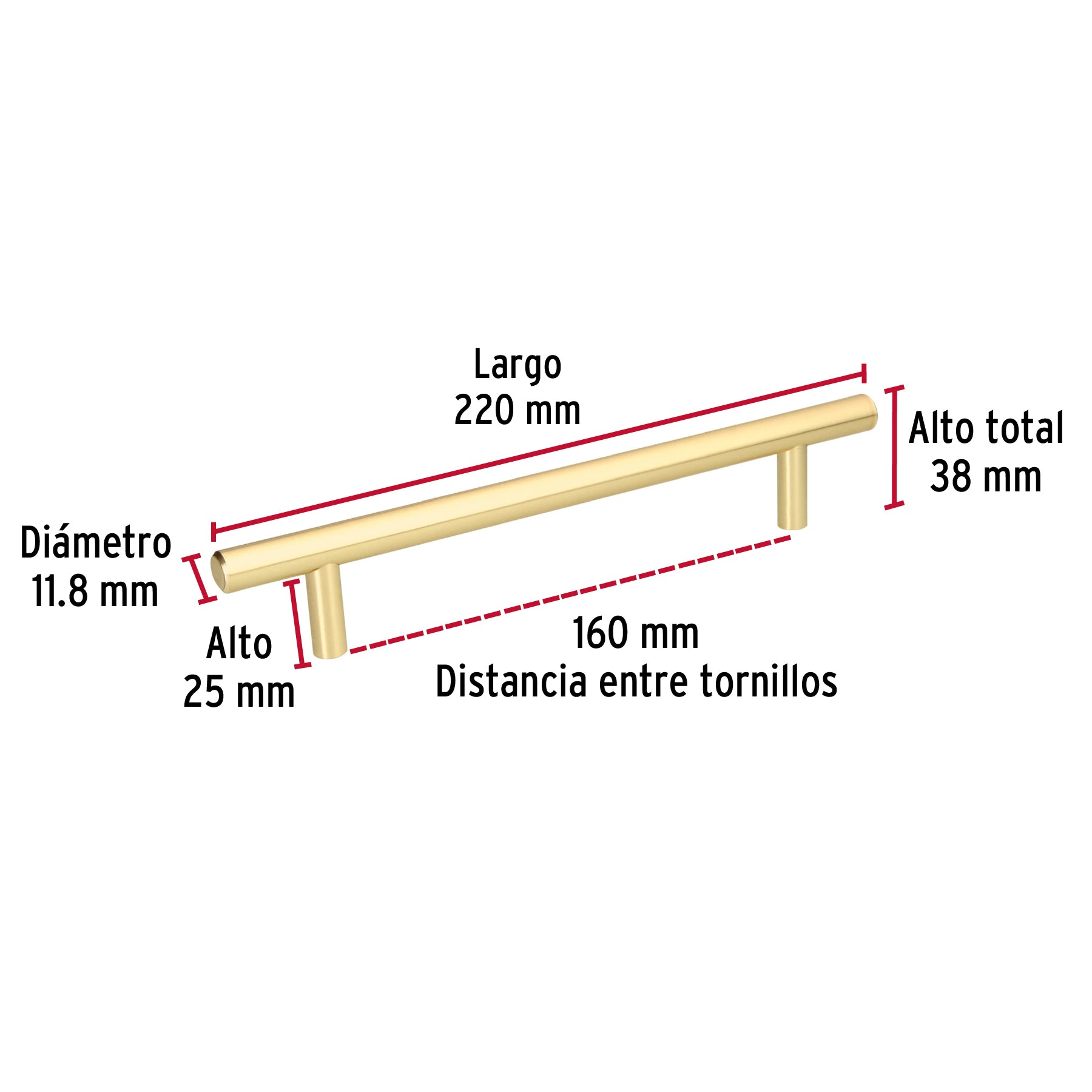 Jaladera de acero, 160mm, línea Cilindro, latón brillante