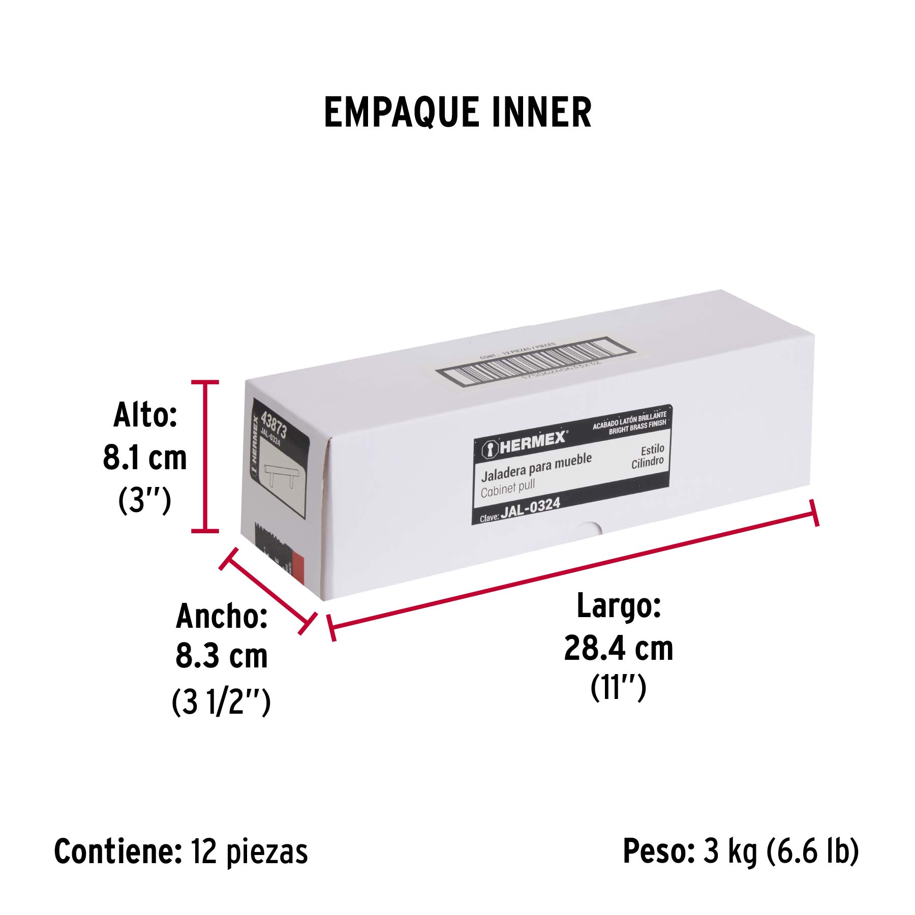Jaladera de acero, 192mm, línea Cilindro, latón brillante - Empaque