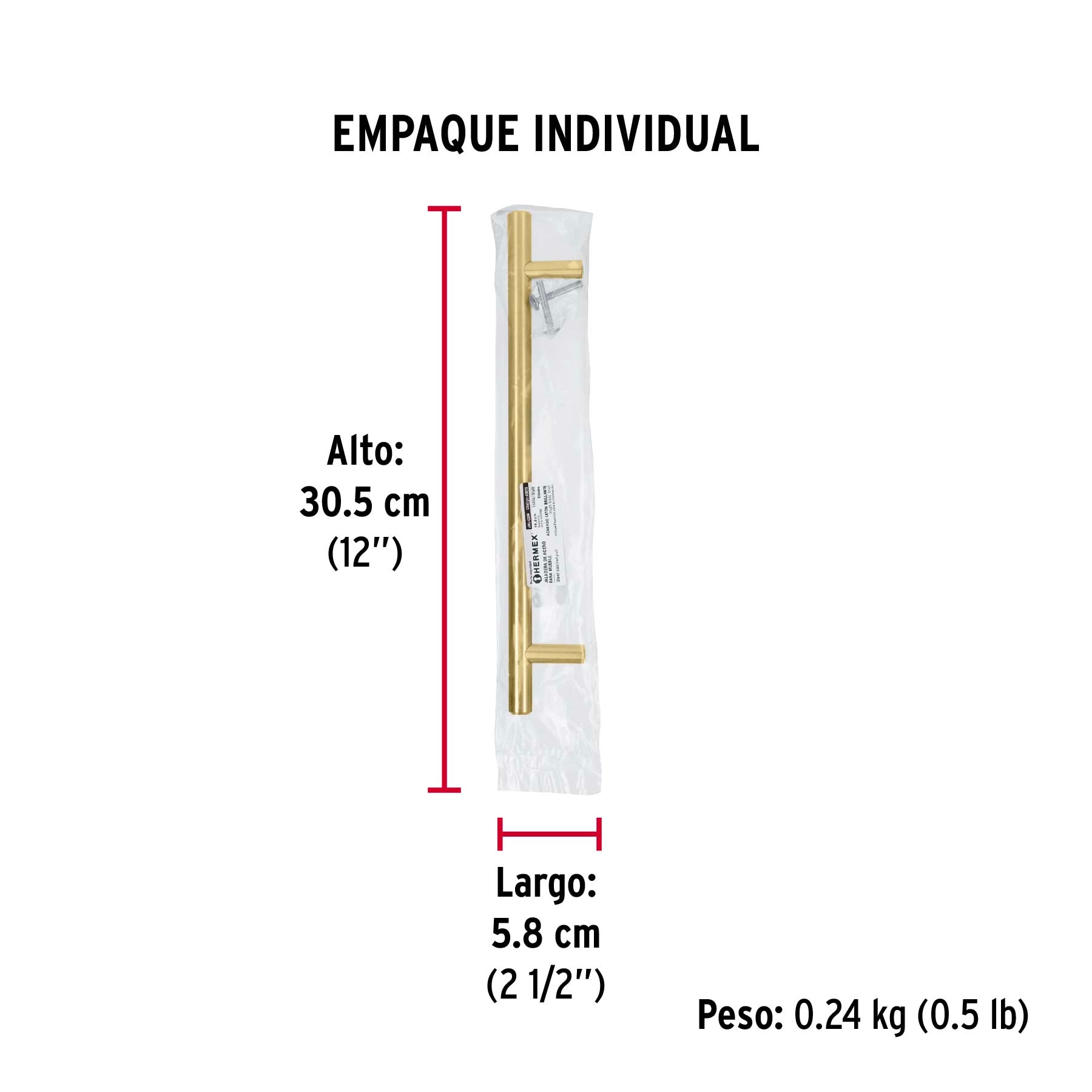 Jaladera de acero, 192mm, línea Cilindro, latón brillante - Empaque