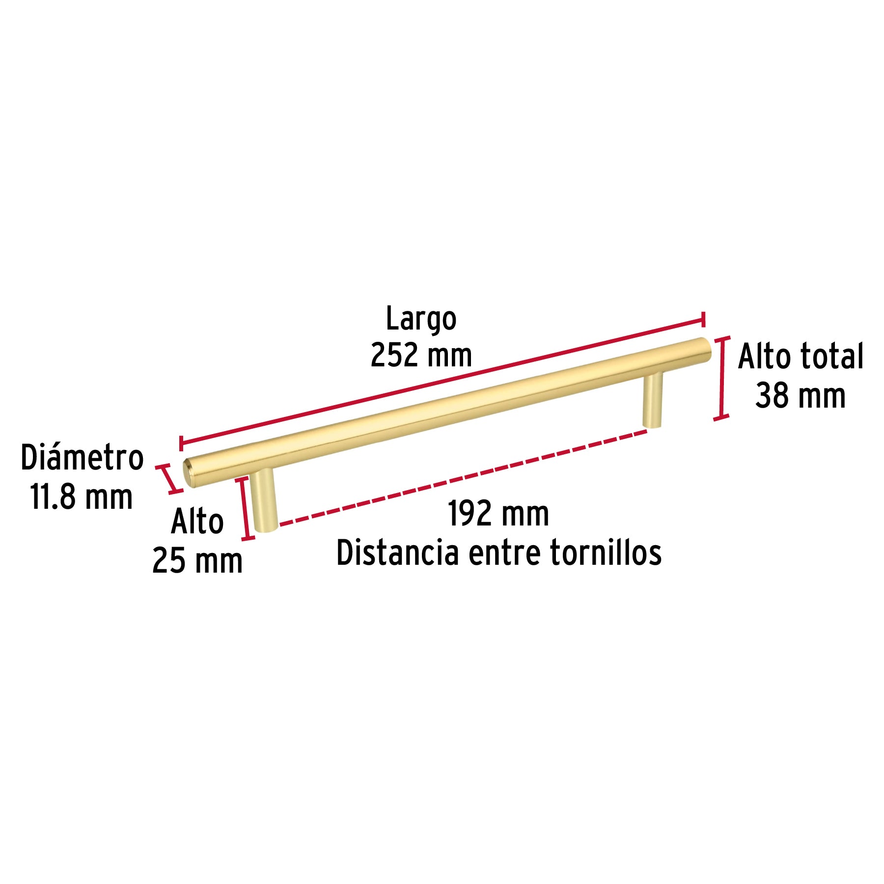 Jaladera de acero, 192mm, línea Cilindro, latón brillante