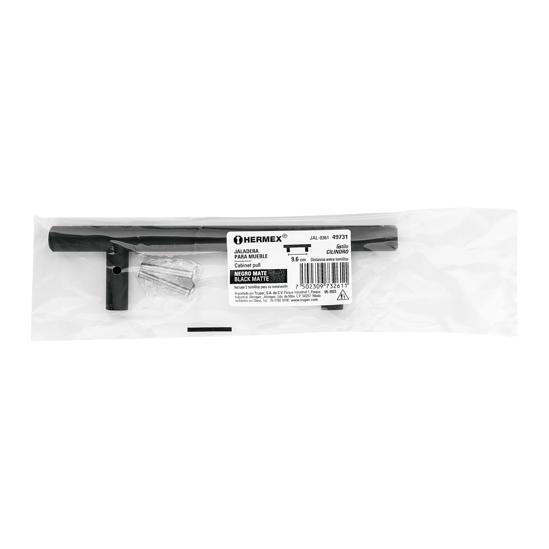 Jaladera de acero, 96mm, línea Cilindro, negro, HERMEX