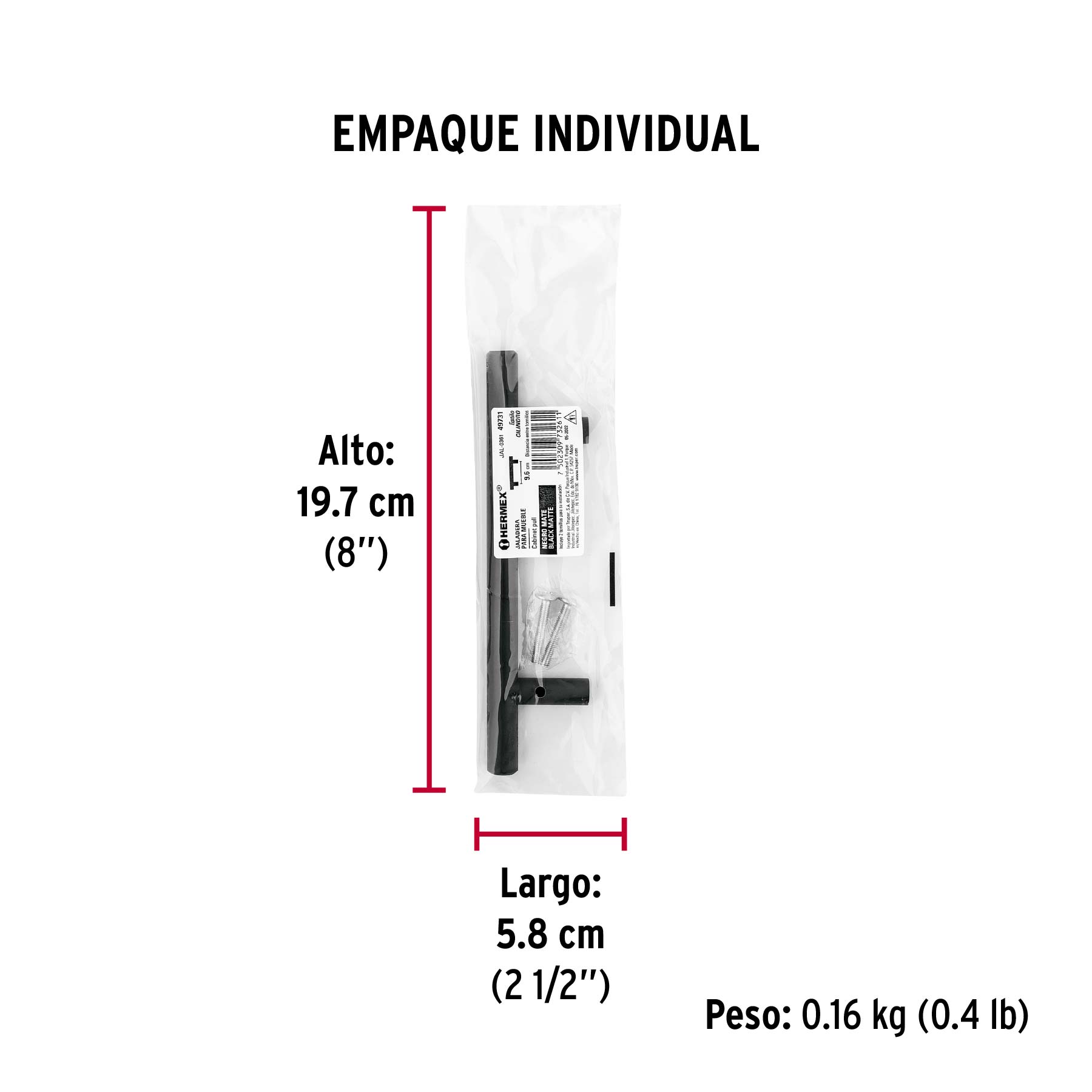 Jaladera de acero, 96mm, línea Cilindro, negro, HERMEX - Empaque