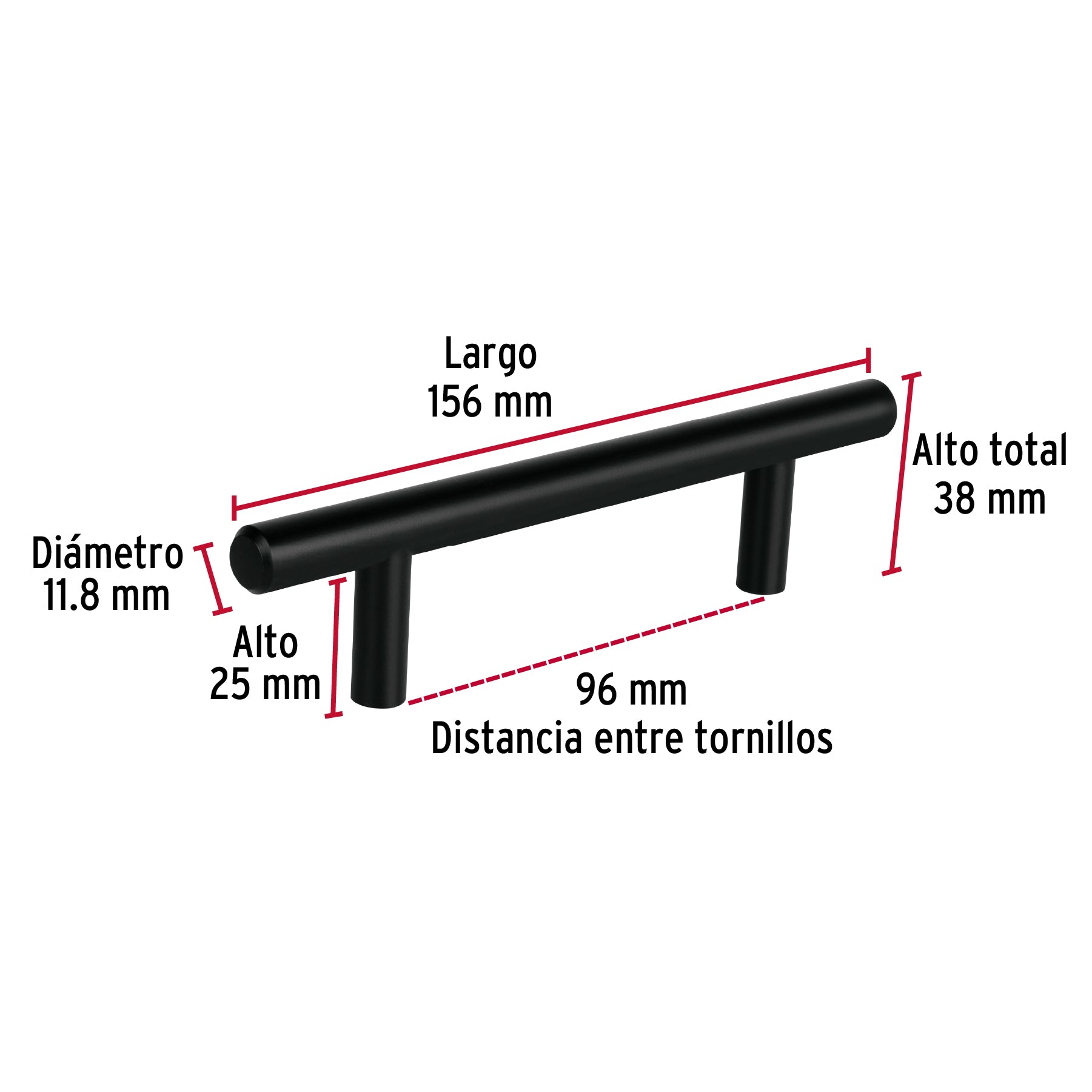 Jaladera de acero, 96mm, línea Cilindro, negro, HERMEX