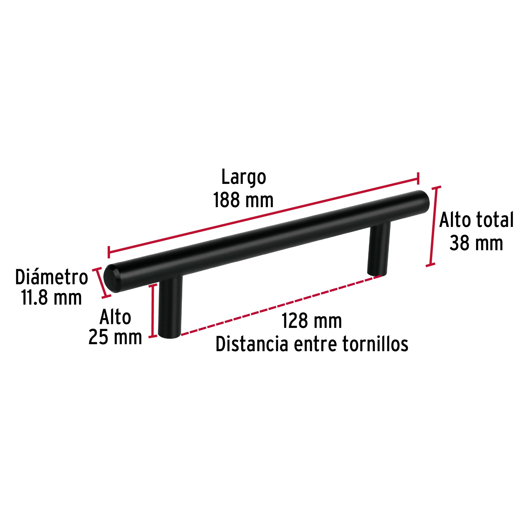 Jaladera de acero, 128mm, línea Cilindro, negro, HERMEX