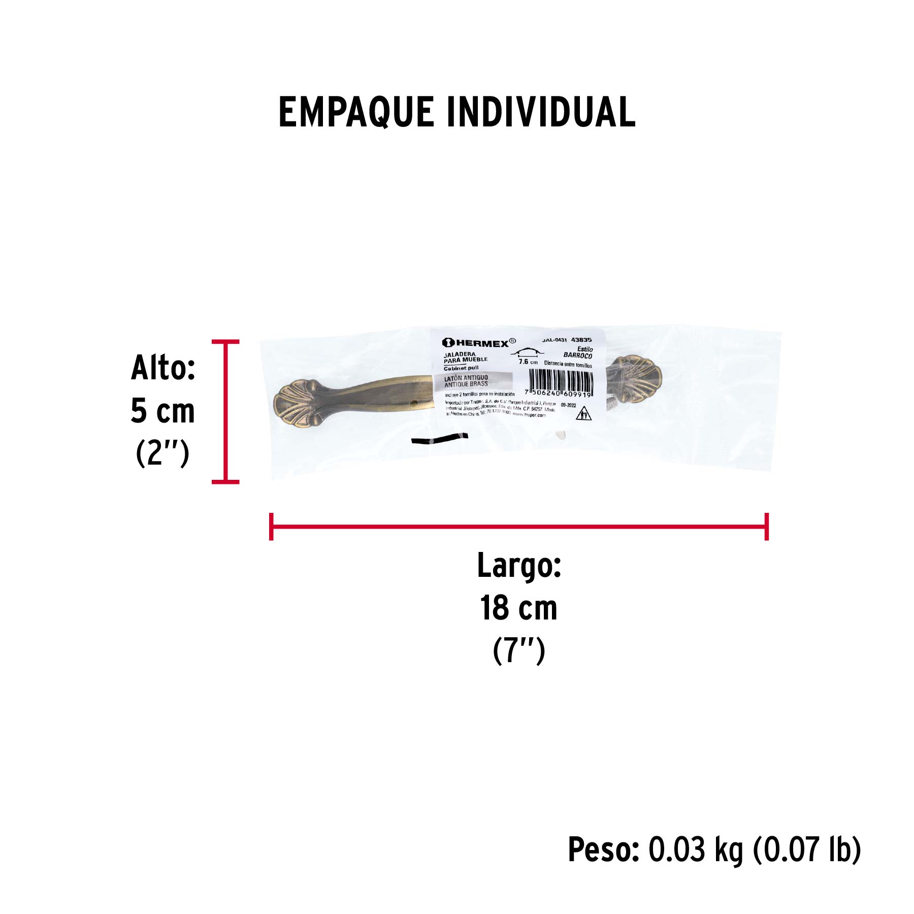 Jaladera metálica de 76 mm estilo "Barroco", latón antiguo - Empaque