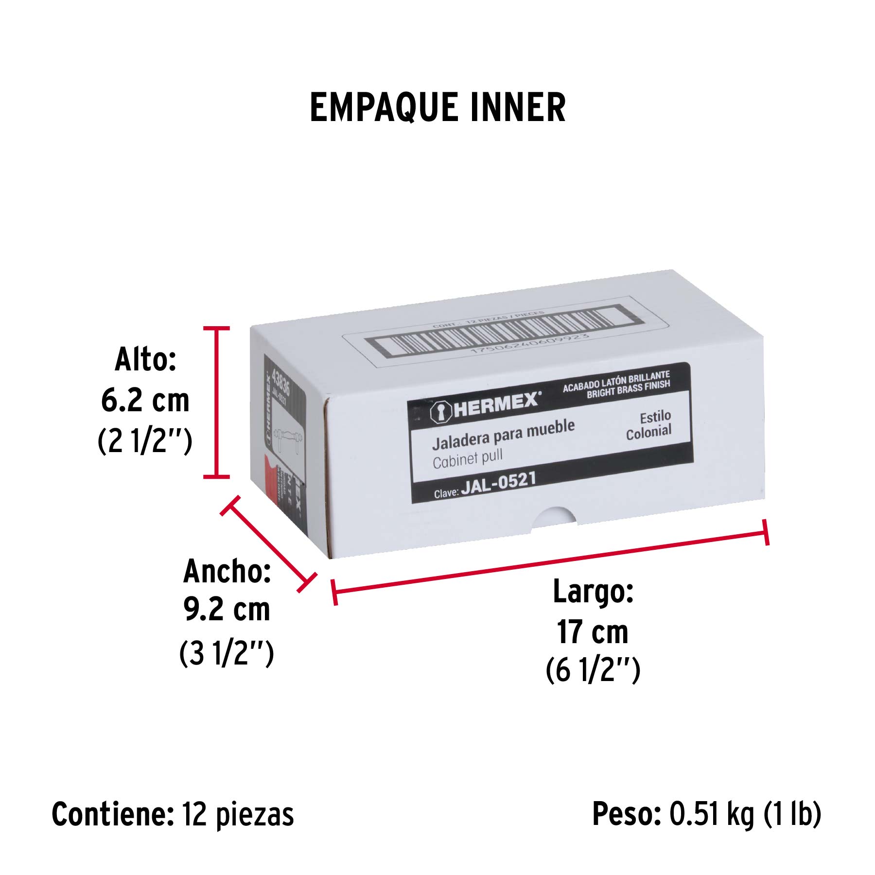 Jaladera metálica de 76mm estilo "Colonial", latón brillante - Empaque