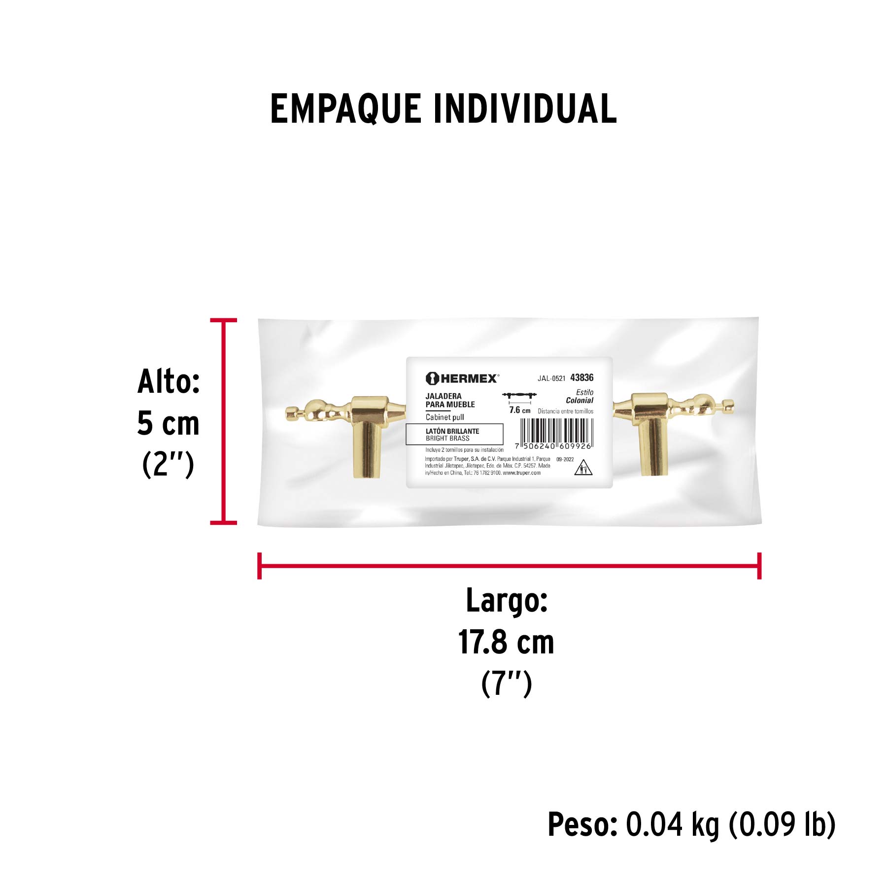 Jaladera metálica de 76mm estilo "Colonial", latón brillante - Empaque