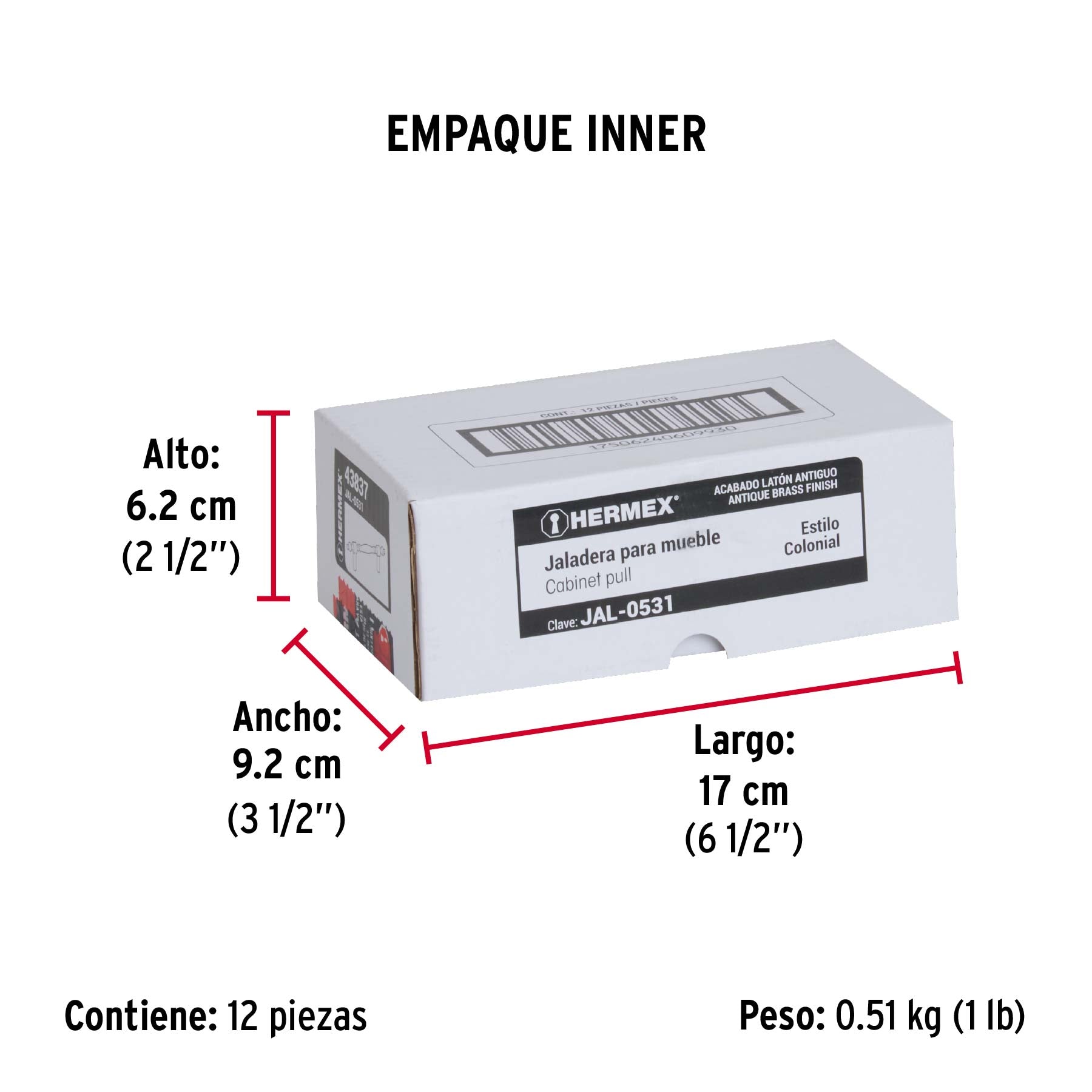 Jaladera metálica de 76 mm estilo "Colonial", latón antiguo - Empaque