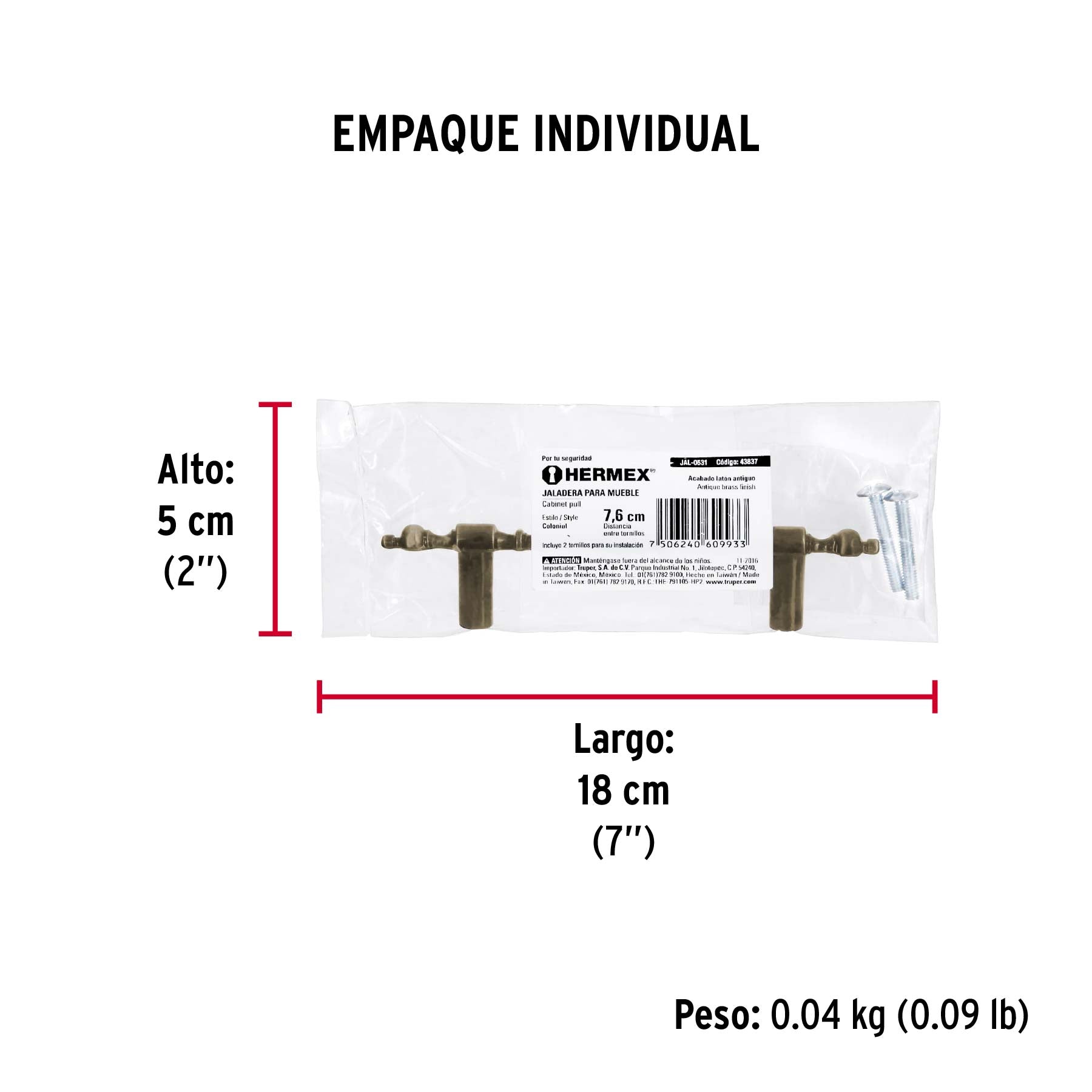 Jaladera metálica de 76 mm estilo "Colonial", latón antiguo - Empaque