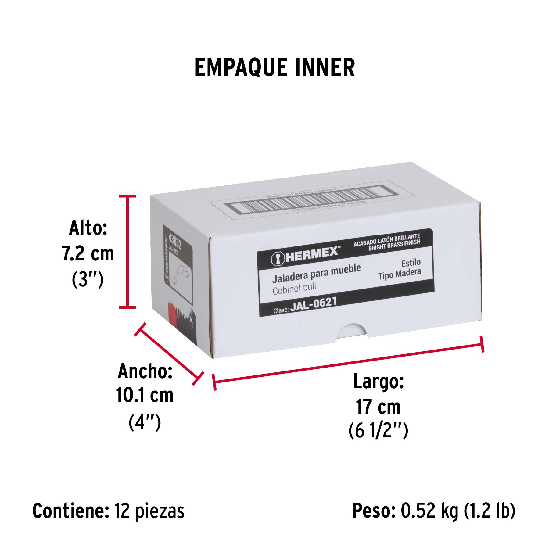 Jaladera metálica, 76mm latón brillante, inserto tipo madera - Empaque