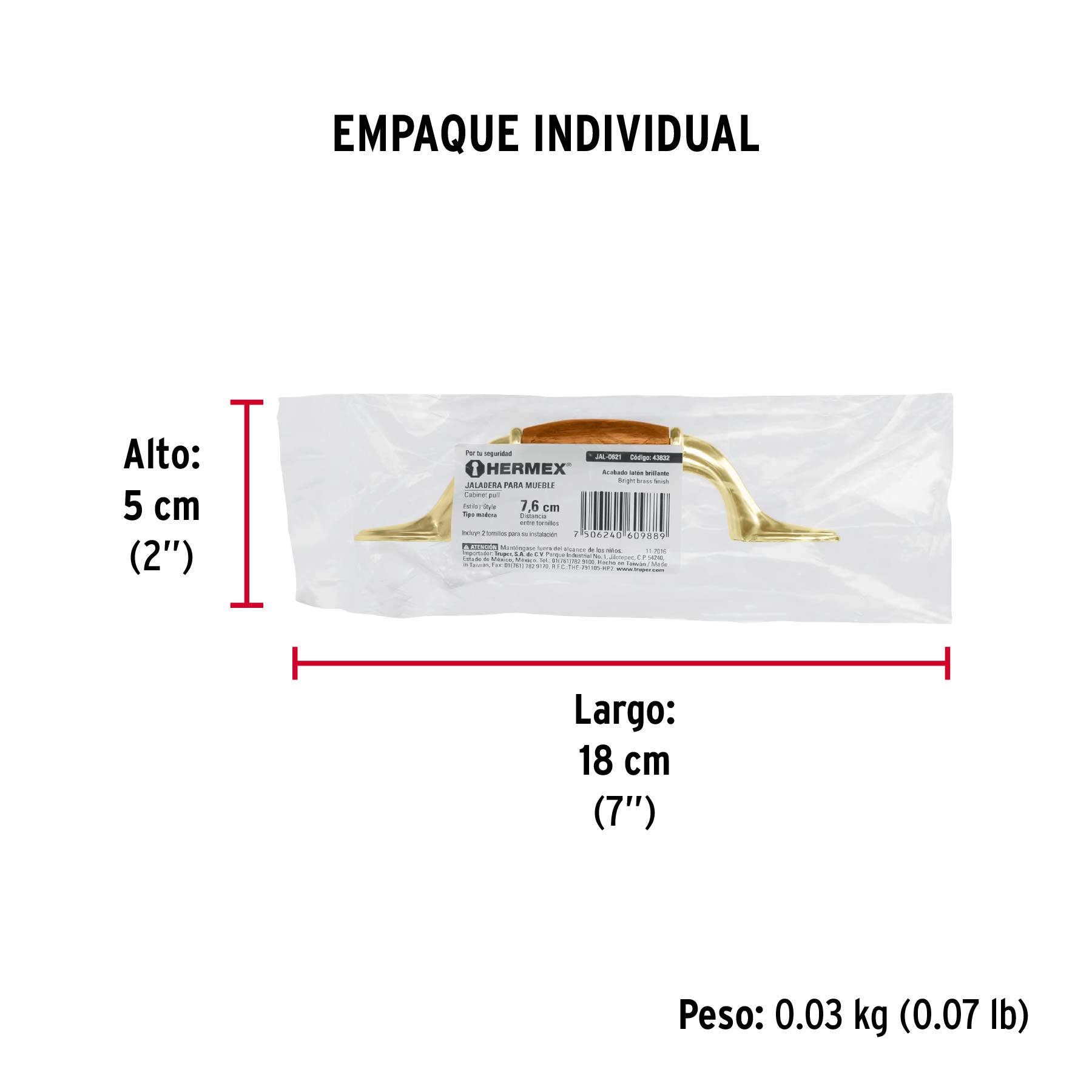 Jaladera metálica, 76mm latón brillante, inserto tipo madera - Empaque