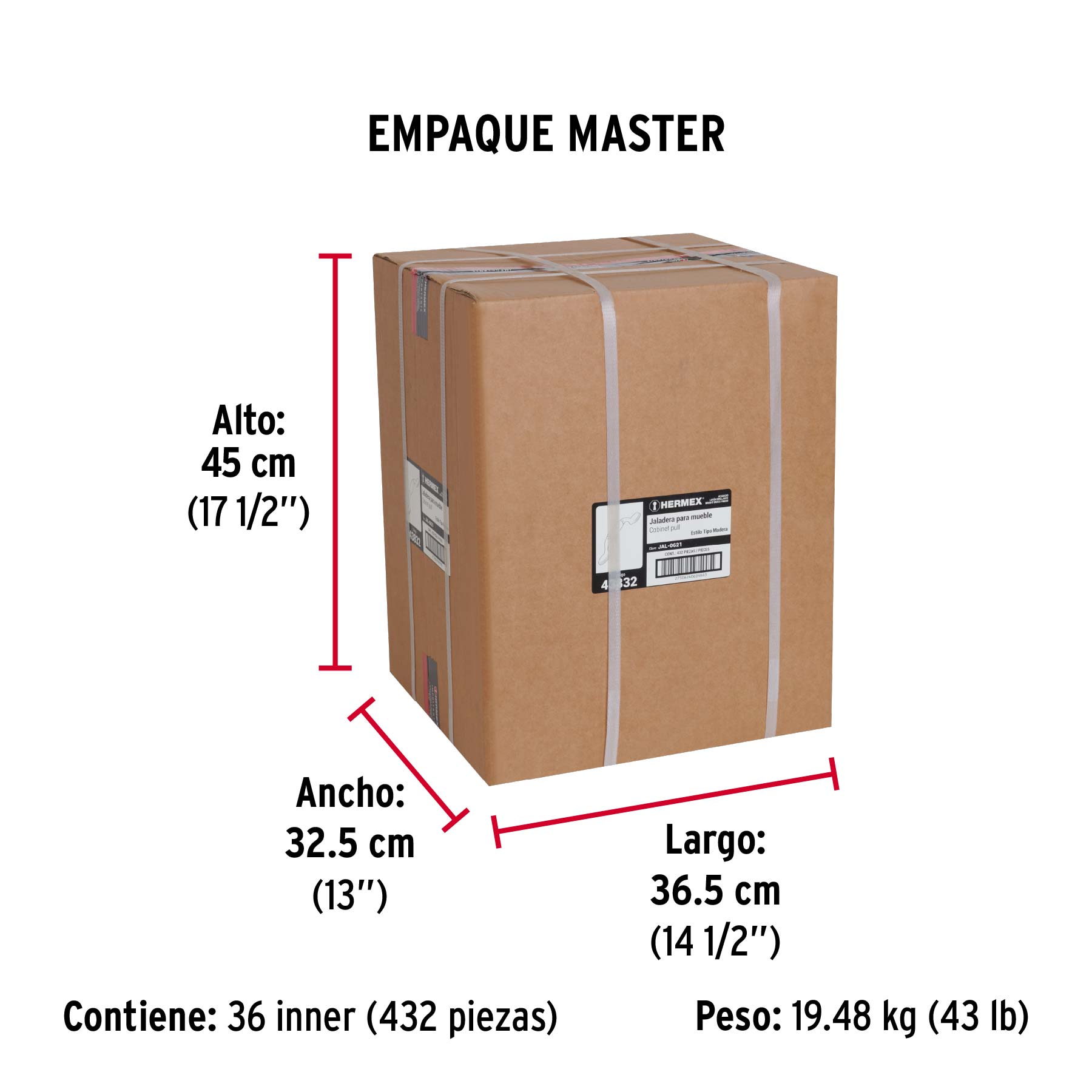 Jaladera metálica, 76mm latón brillante, inserto tipo madera - Empaque