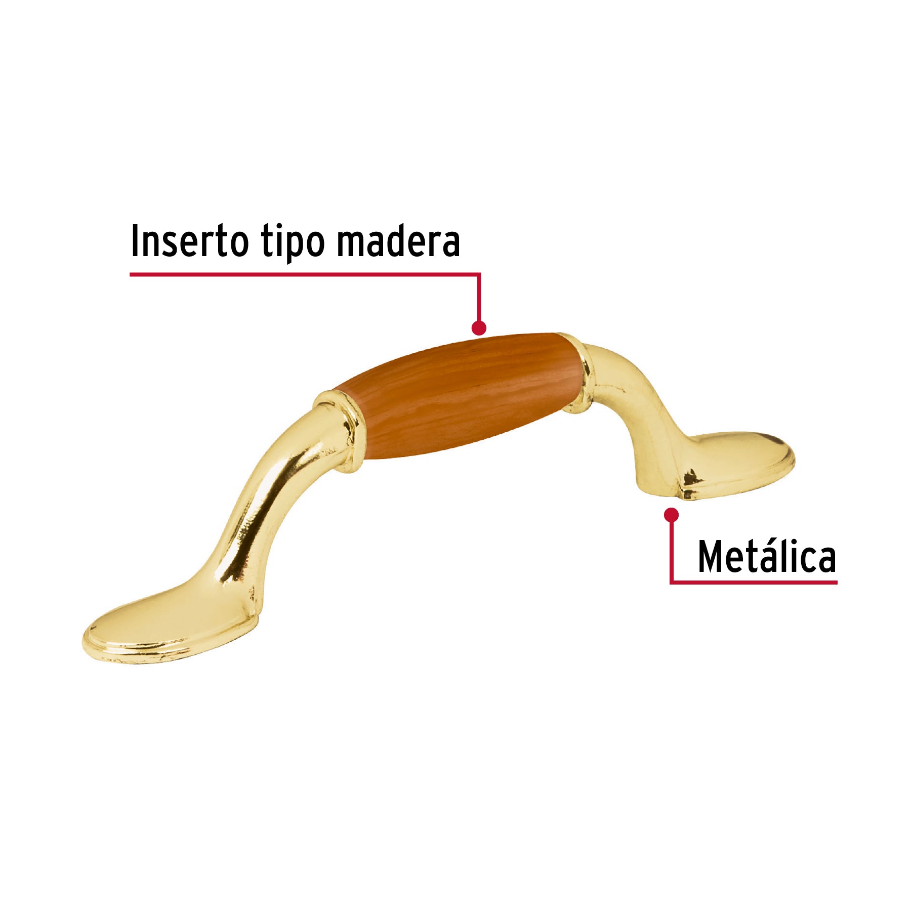 Jaladera metálica, 76mm latón brillante, inserto tipo madera