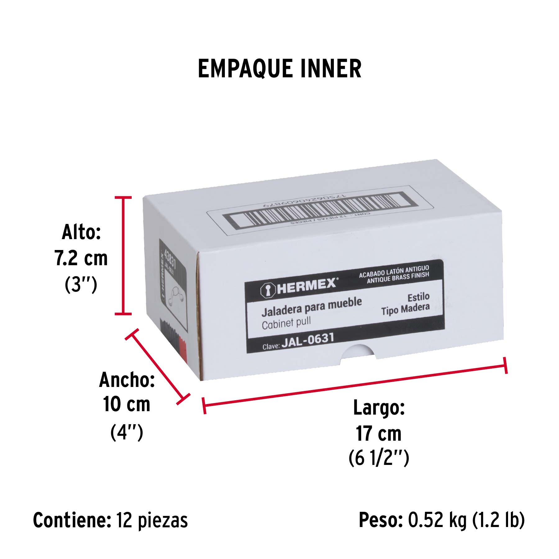 Jaladera metálica de 76mm latón antiguo, inserto tipo madera - Empaque