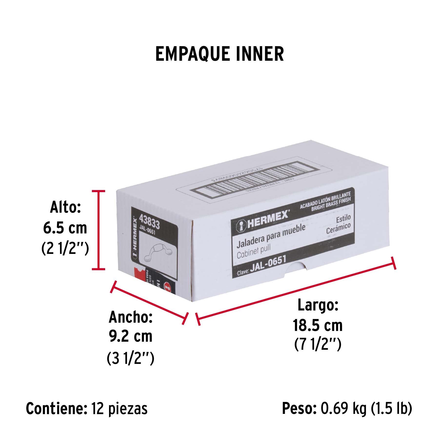 Jaladera metálica de 76 mm latón brillante, inserto cerámico - Empaque