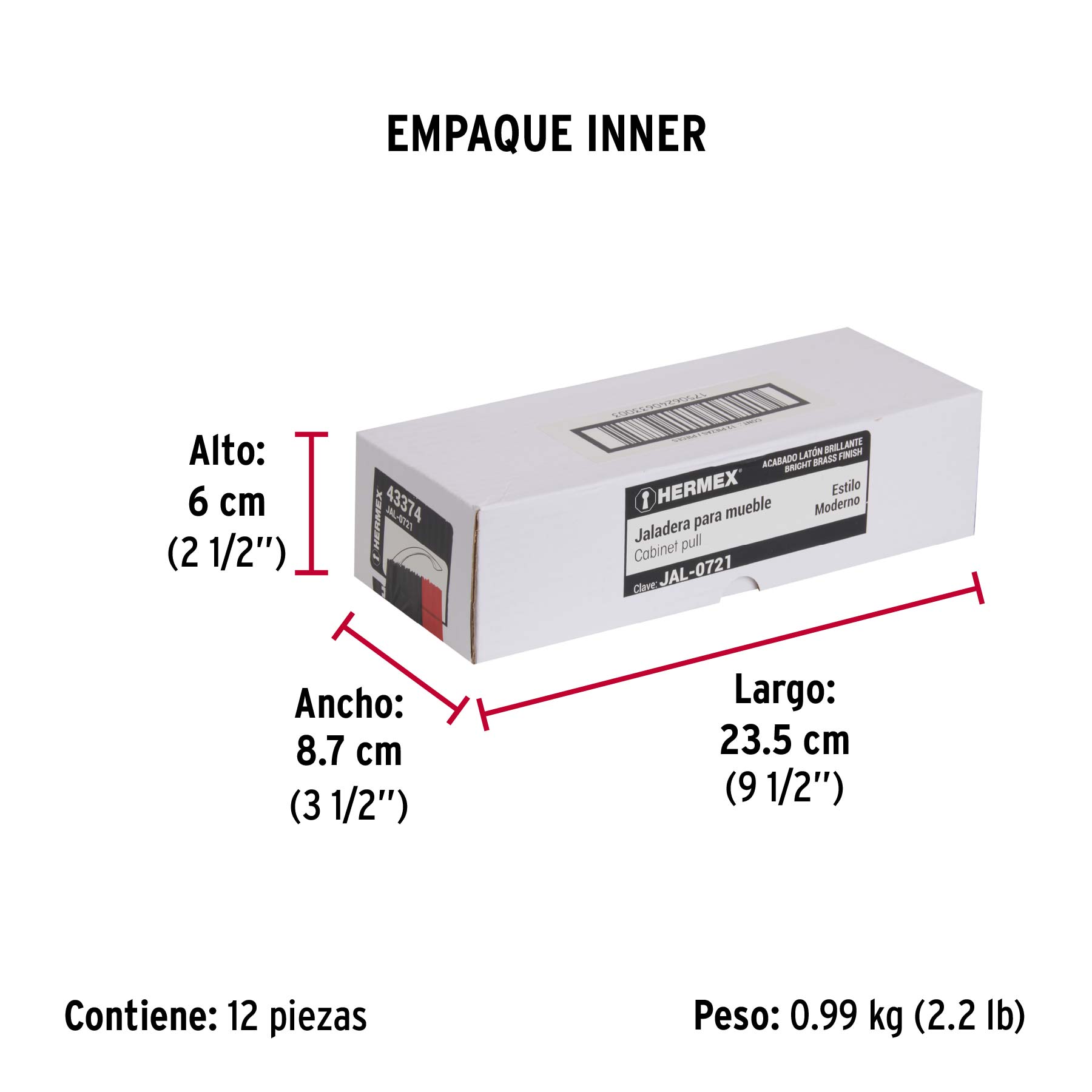 Jaladera de 128mm, línea Moderna, latón brillante, HERMEX - Empaque