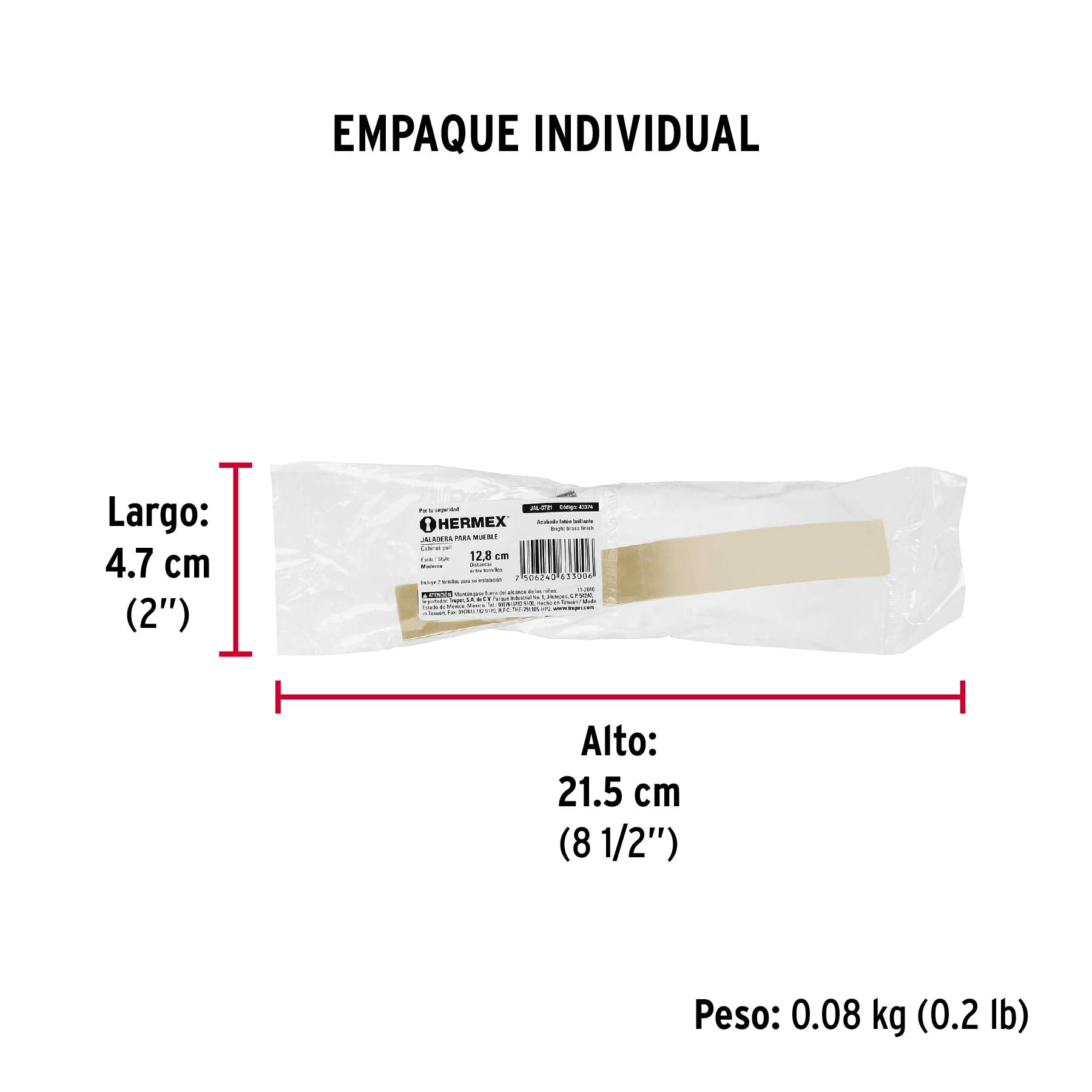 Jaladera de 128mm, línea Moderna, latón brillante, HERMEX - Empaque