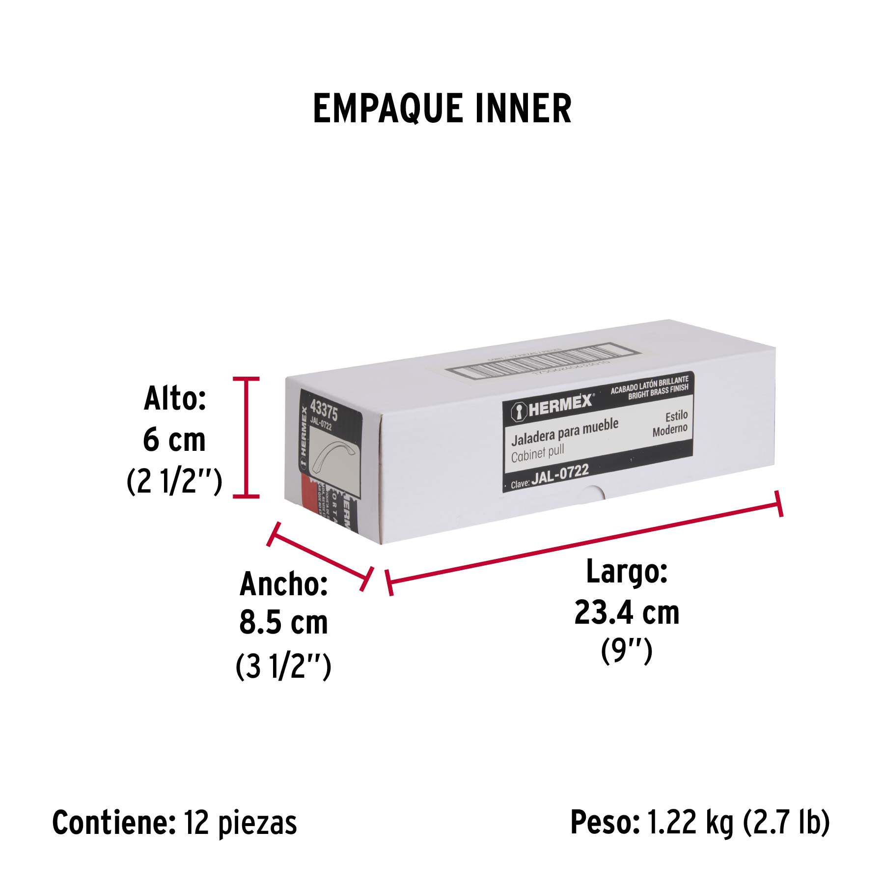 Jaladera de 160mm, línea Moderna, latón brillante, HERMEX - Empaque