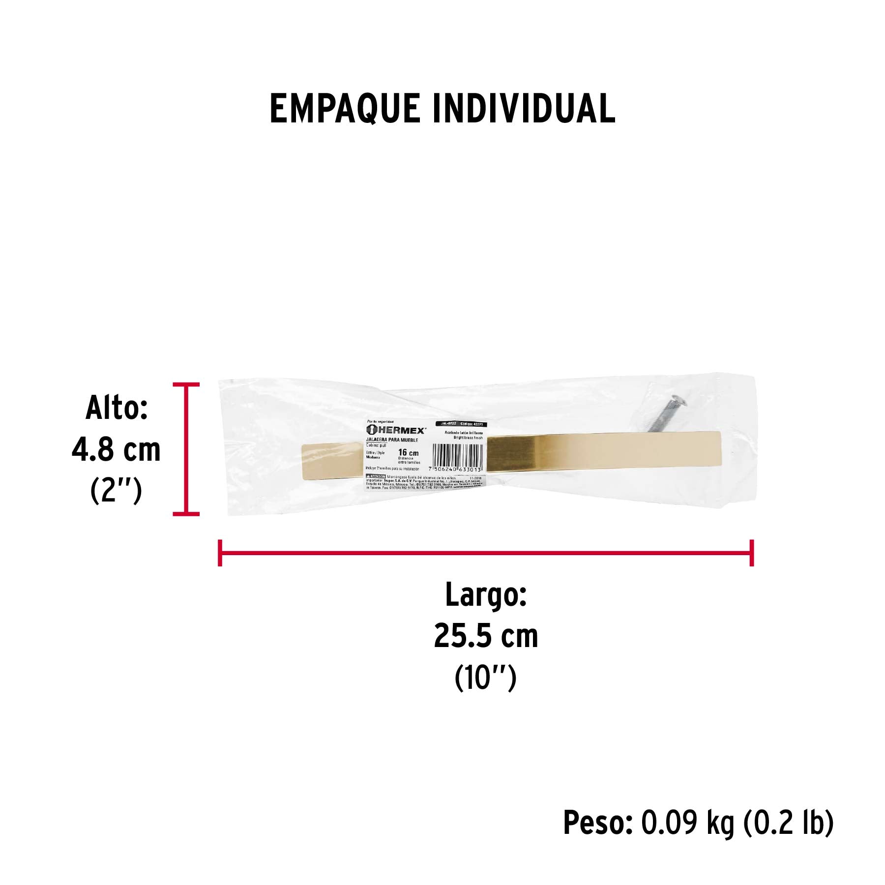 Jaladera de 160mm, línea Moderna, latón brillante, HERMEX - Empaque