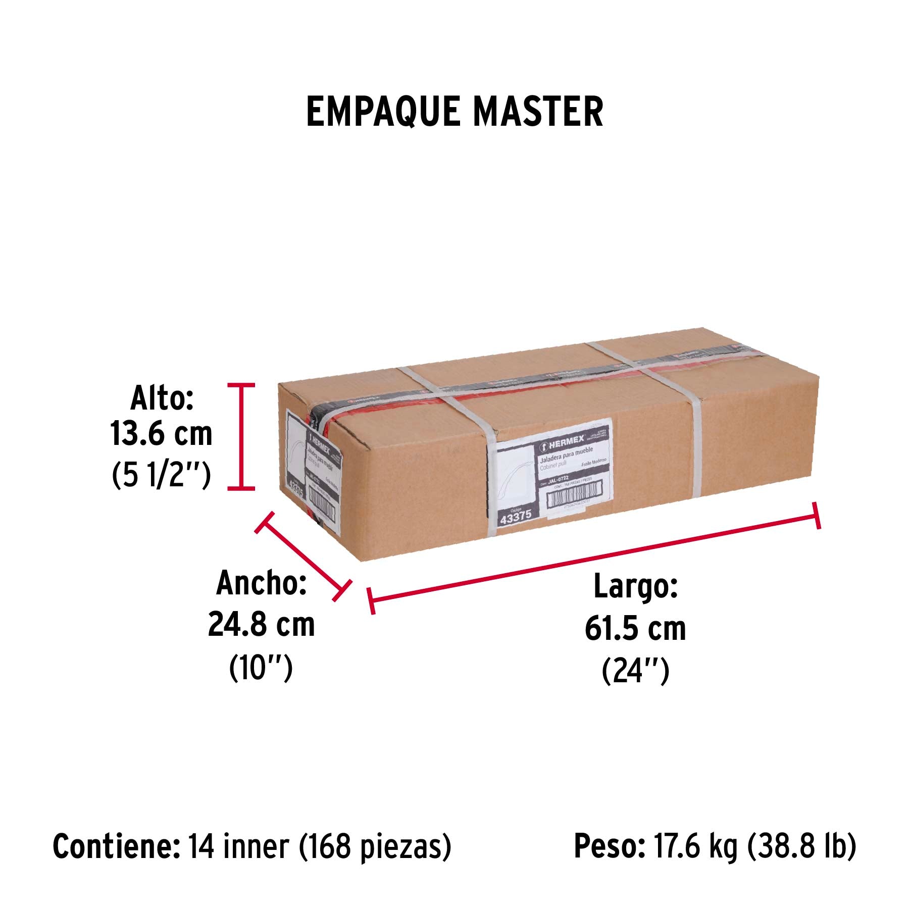 Jaladera de 160mm, línea Moderna, latón brillante, HERMEX - Empaque