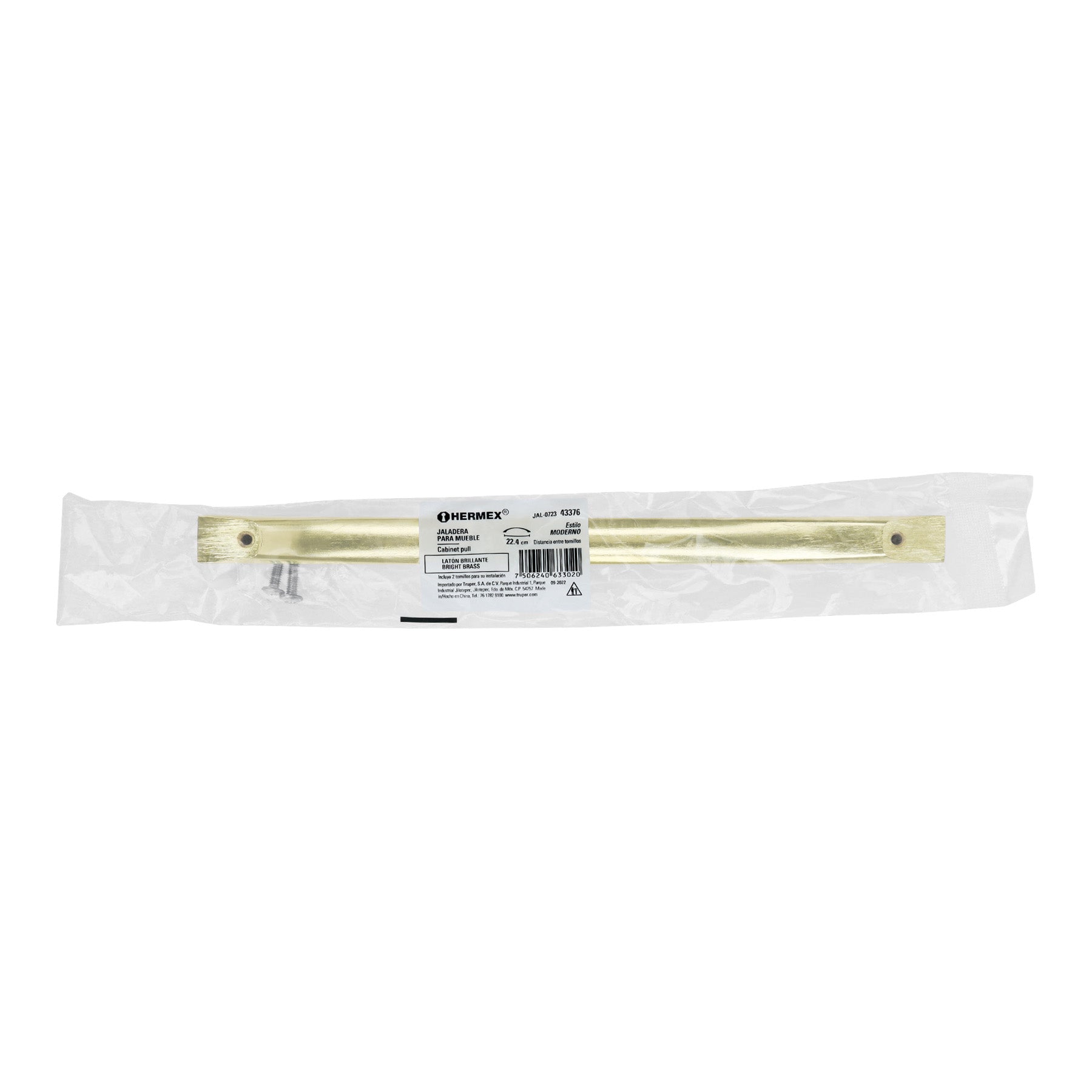 Jaladera de 224mm, línea Moderna, latón brillante, HERMEX