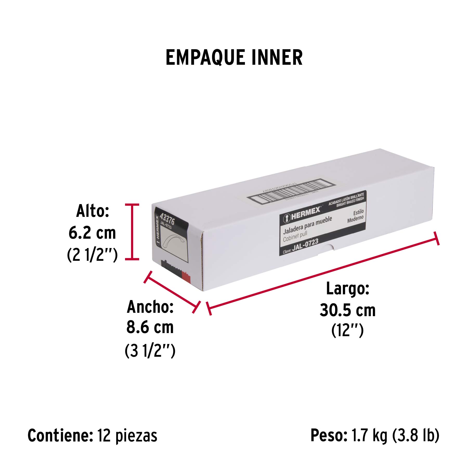 Jaladera de 224mm, línea Moderna, latón brillante, HERMEX - Empaque