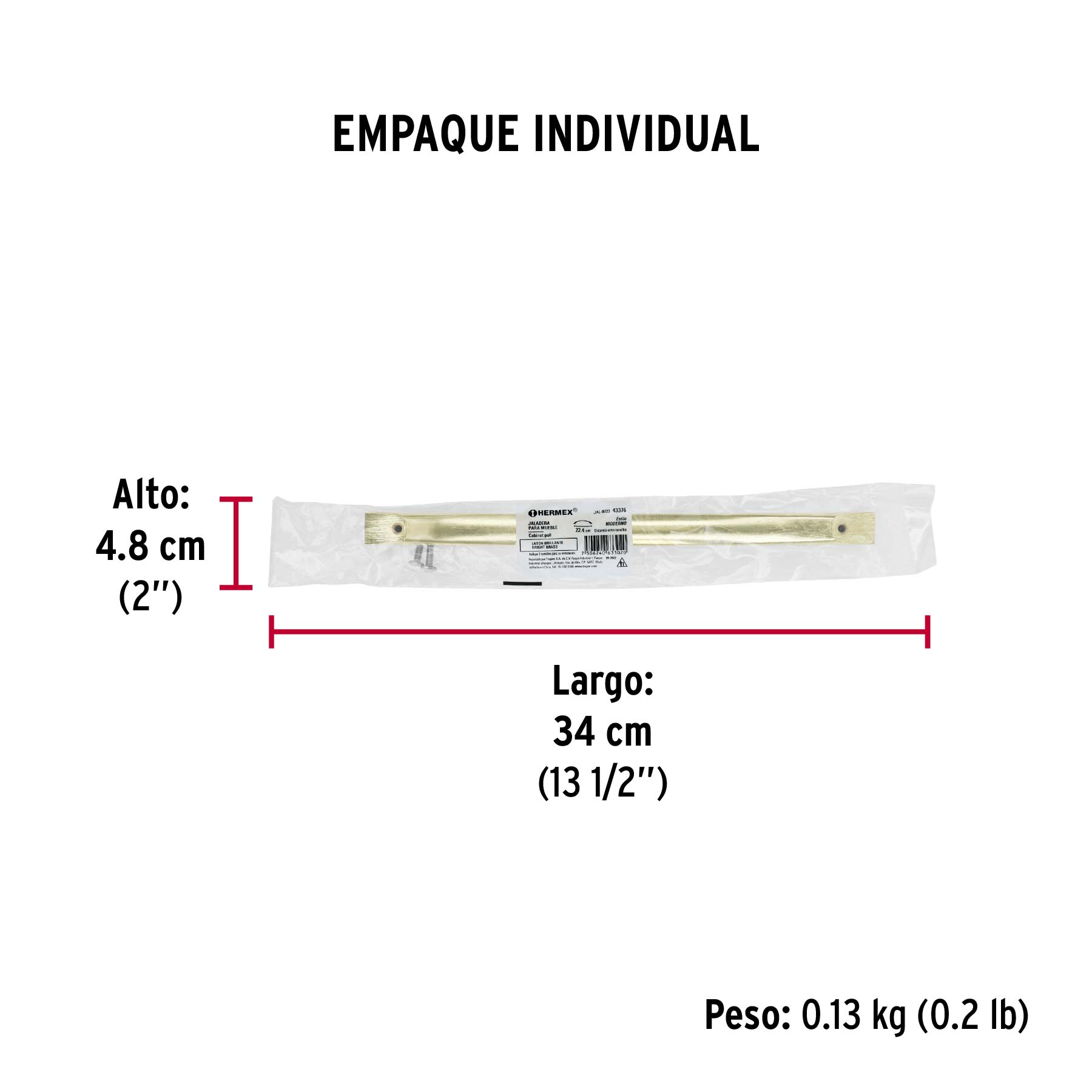 Jaladera de 224mm, línea Moderna, latón brillante, HERMEX - Empaque