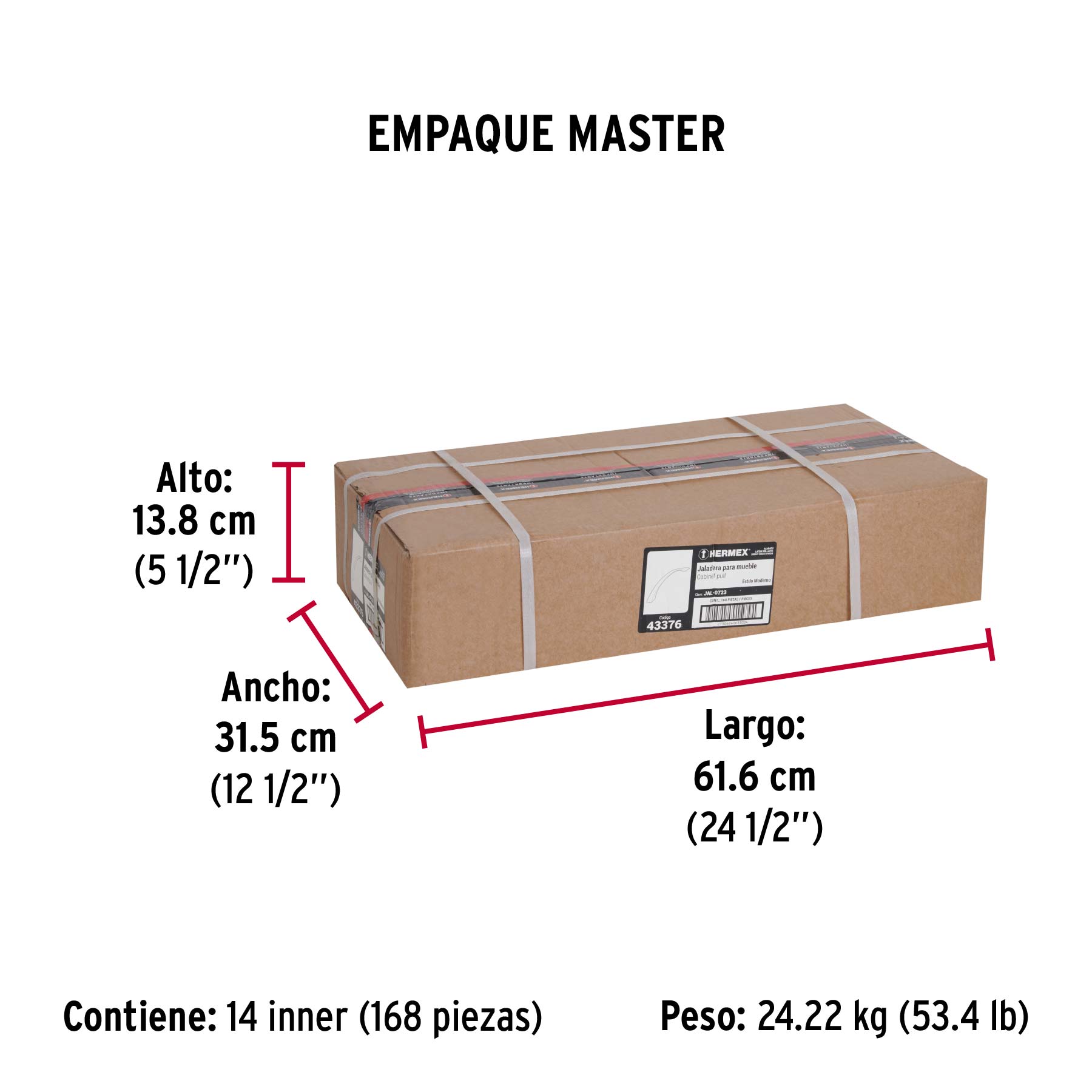 Jaladera de 224mm, línea Moderna, latón brillante, HERMEX - Empaque