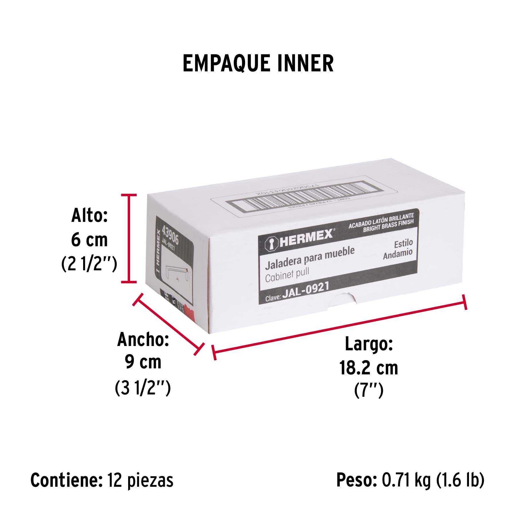 Jaladera de 96mm, línea Andamio, latón brillante, HERMEX - Empaque