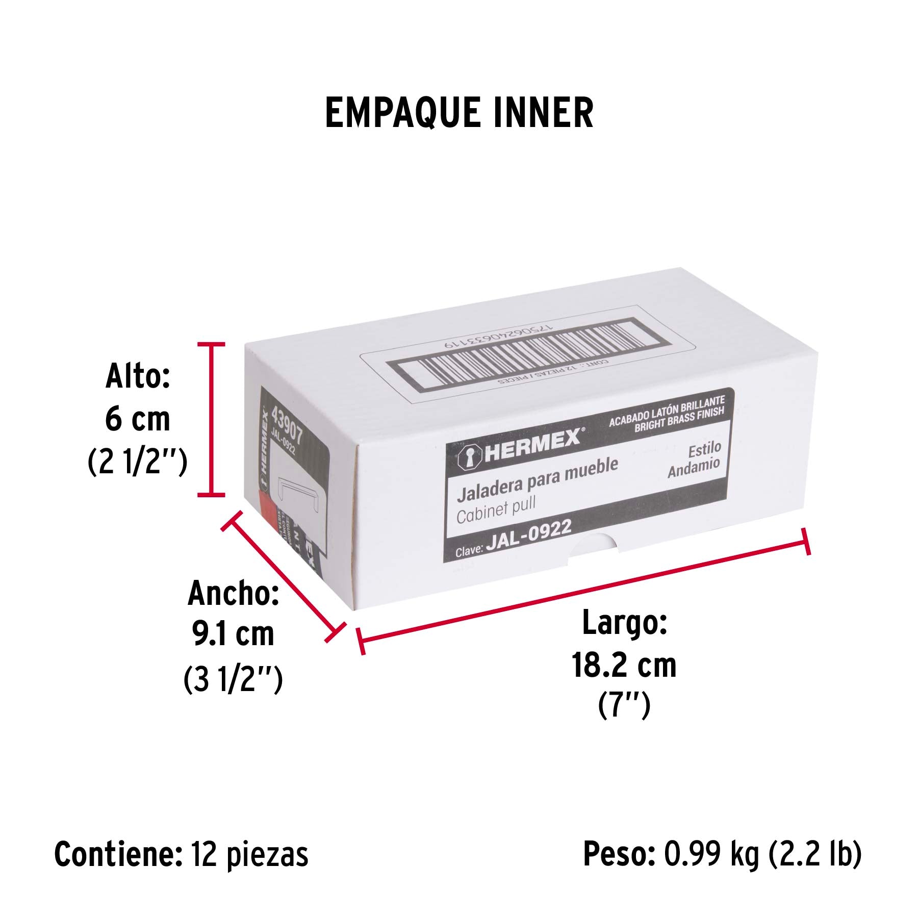 Jaladera de 128mm, línea Andamio, latón brillante, HERMEX - Empaque