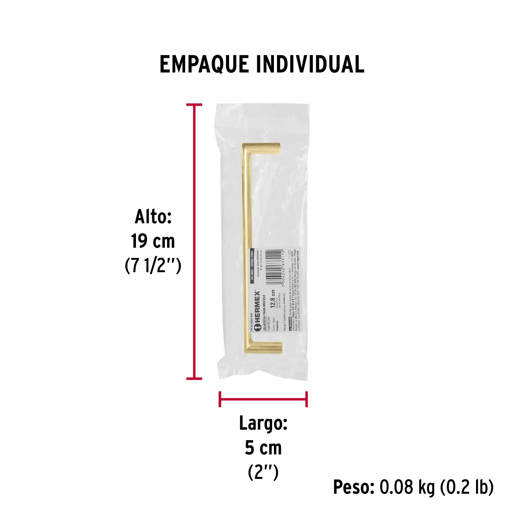 Jaladera de 128mm, línea Andamio, latón brillante, HERMEX - Empaque