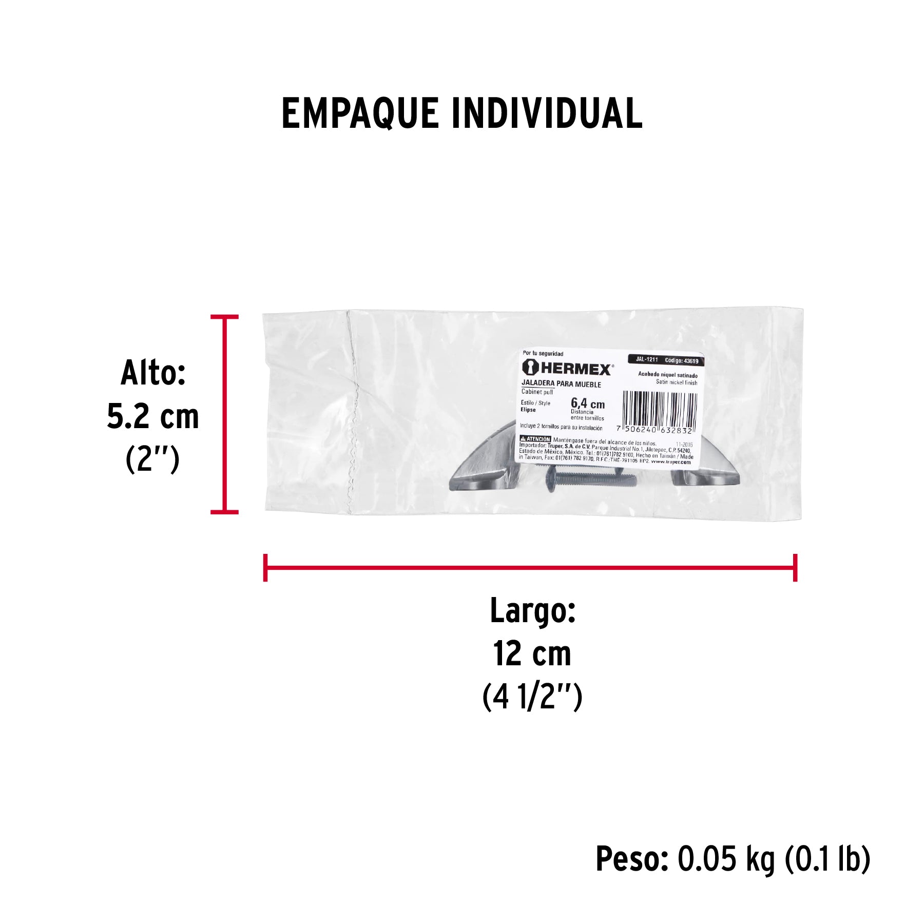 Jaladera de 64mm, línea Elipse, níquel, HERMEX - Empaque