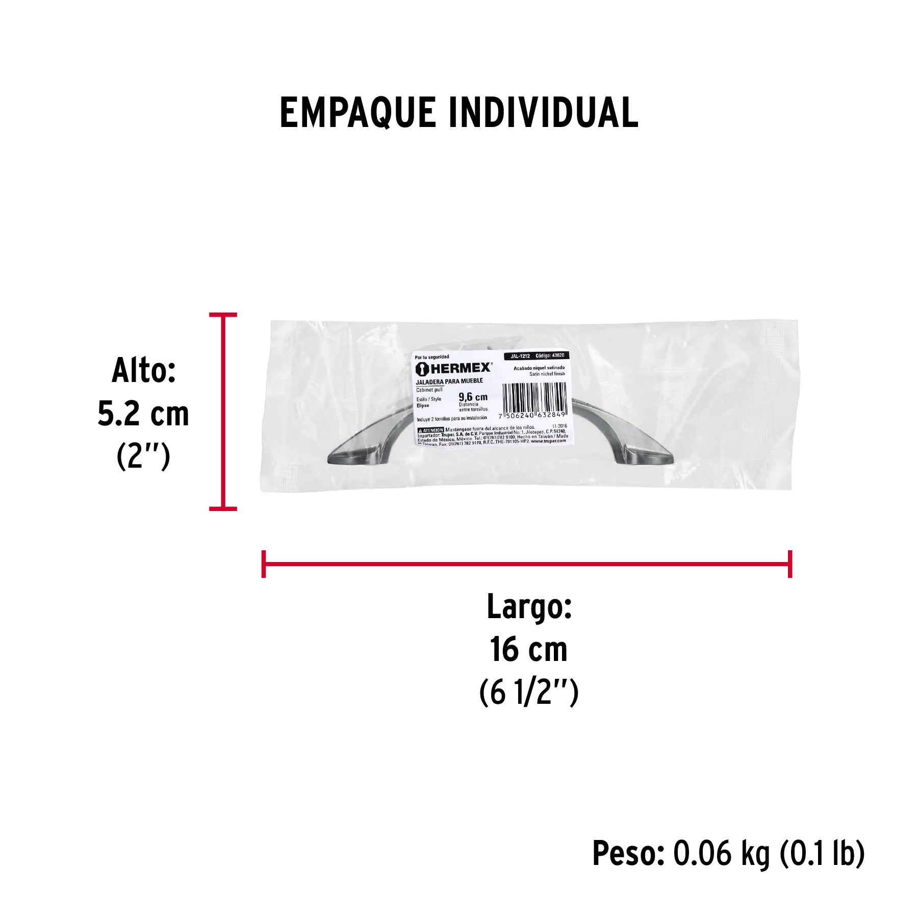 Jaladera de 96mm, línea Elipse, níquel, HERMEX - Empaque