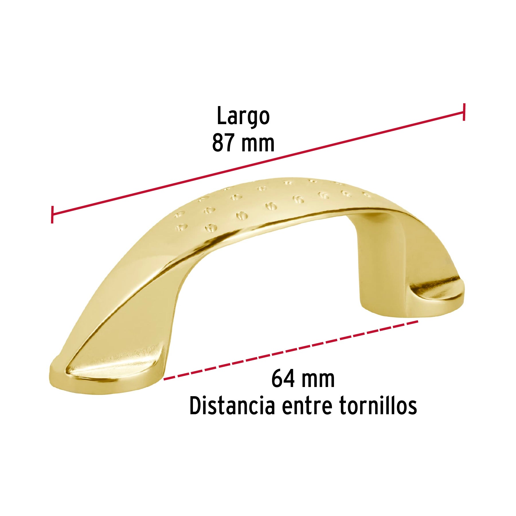 Jaladera de 64mm, línea Elipse, latón brillante, HERMEX