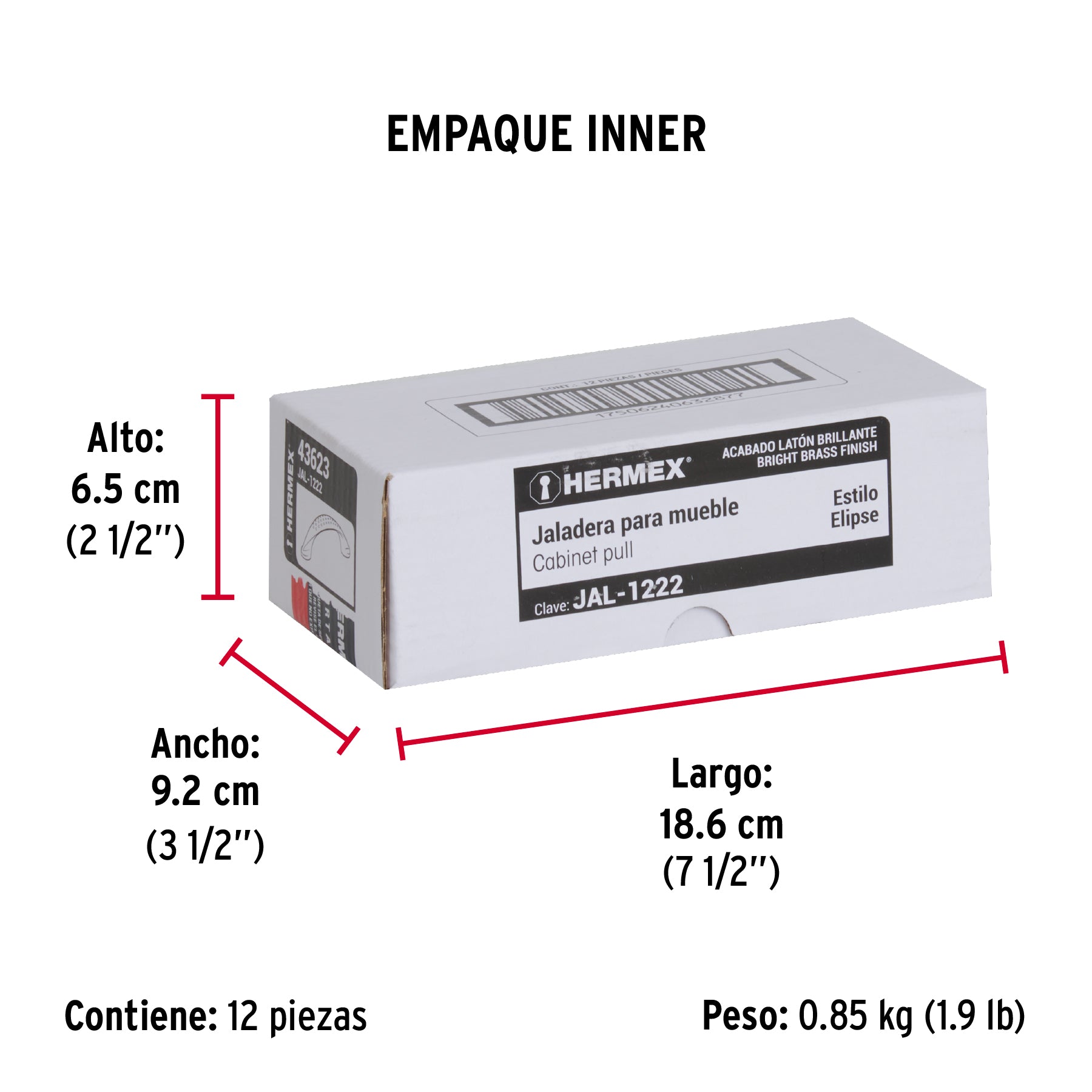 Jaladera de 96mm, línea Elipse, latón brillante, HERMEX - Empaque
