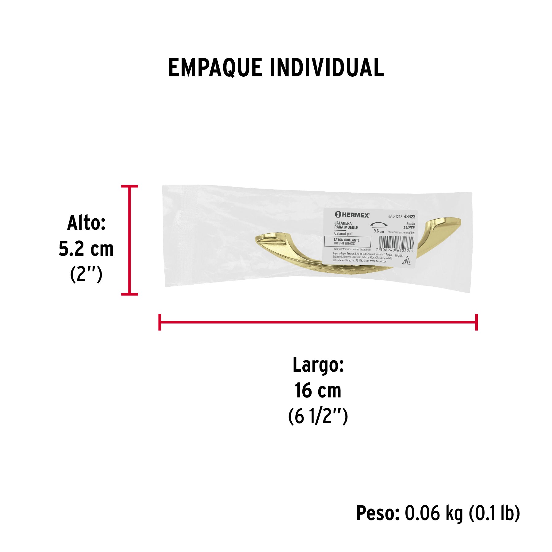 Jaladera de 96mm, línea Elipse, latón brillante, HERMEX - Empaque