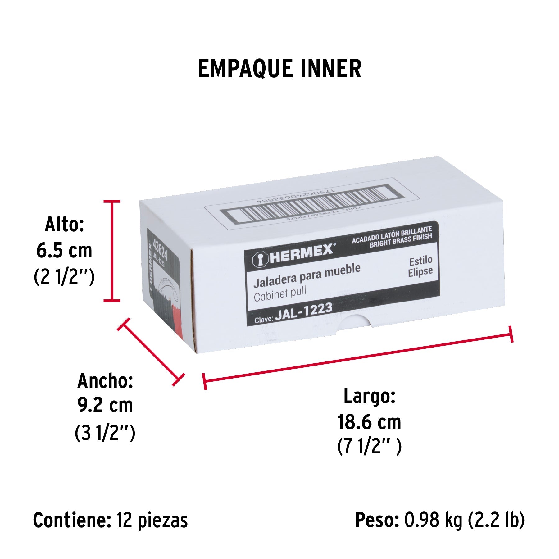 Jaladera de 128mm, línea Elipse, latón brillante, HERMEX - Empaque
