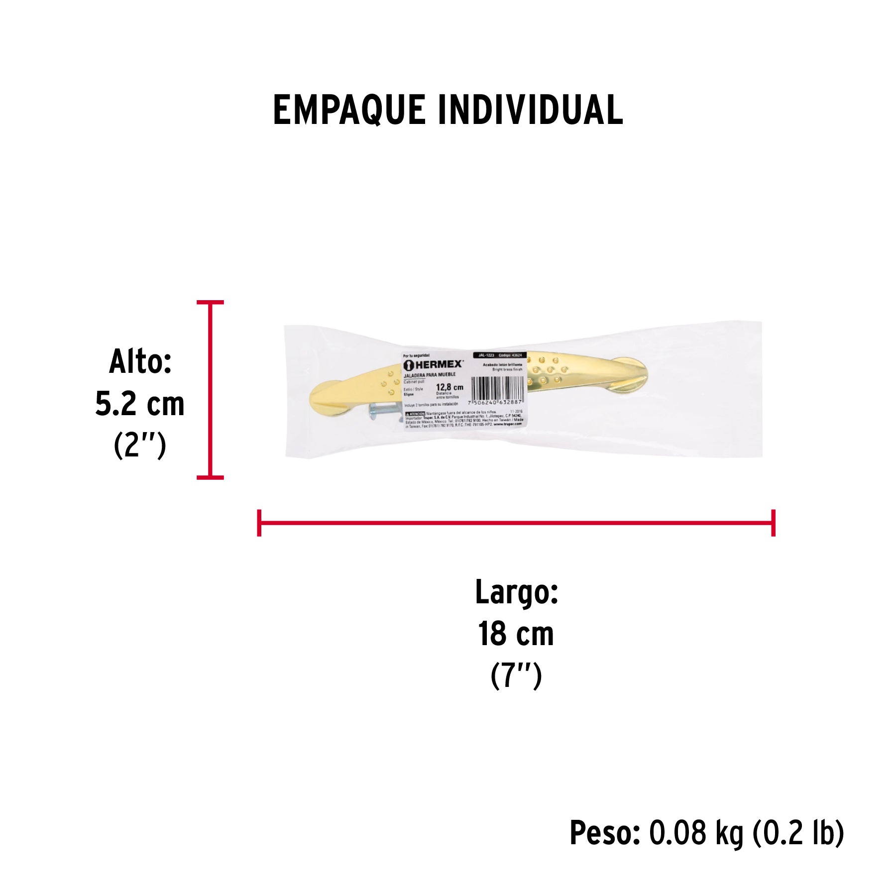 Jaladera de 128mm, línea Elipse, latón brillante, HERMEX - Empaque