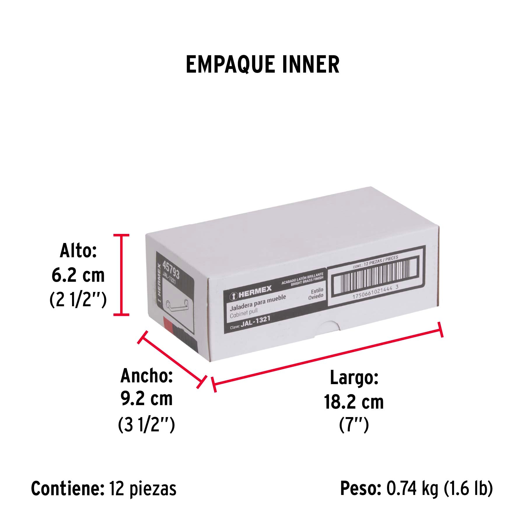 Jaladera de 96mm, línea Oviedo, latón brillante, HERMEX - Empaque