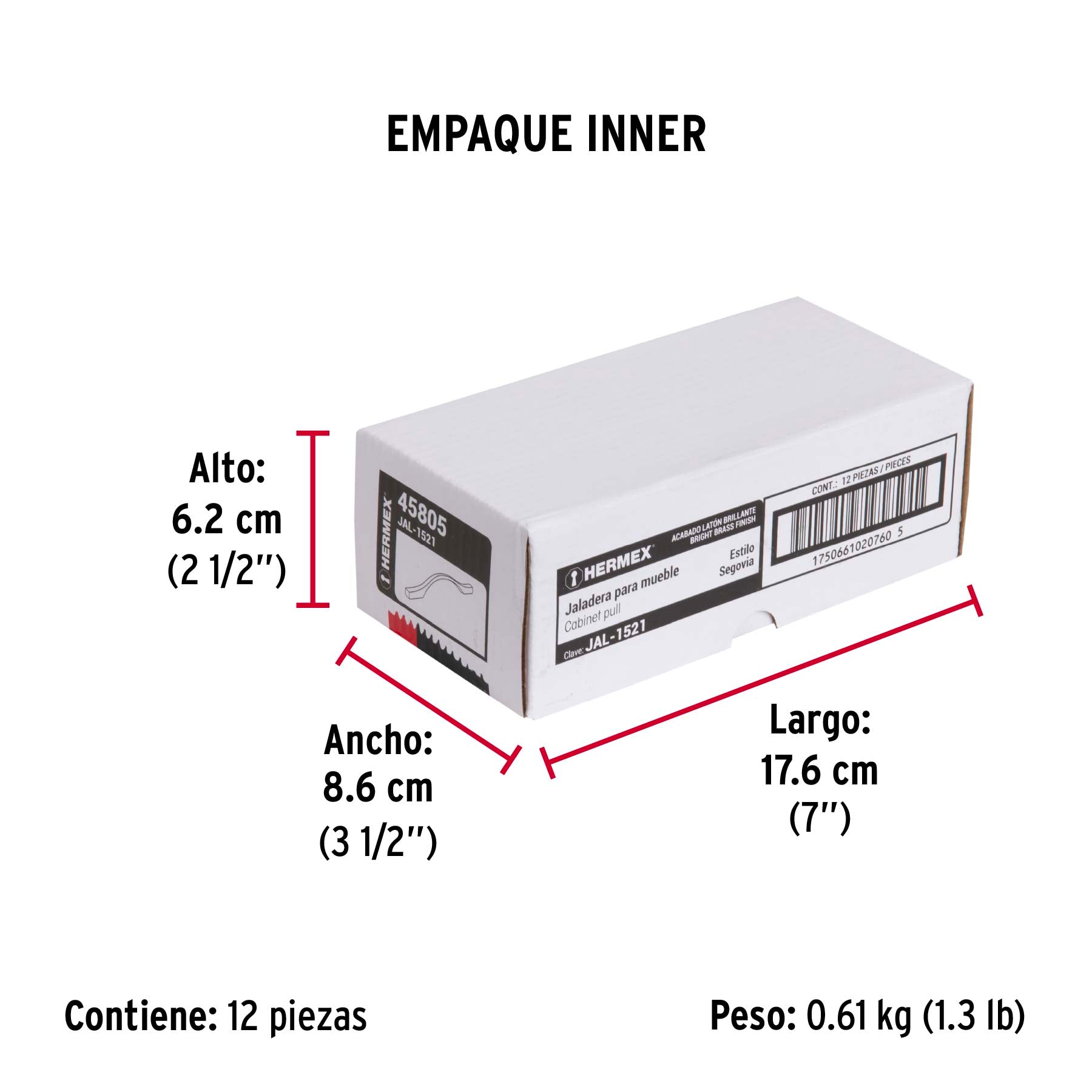 Jaladera de 96mm, línea Segovia, latón brillante, HERMEX - Empaque