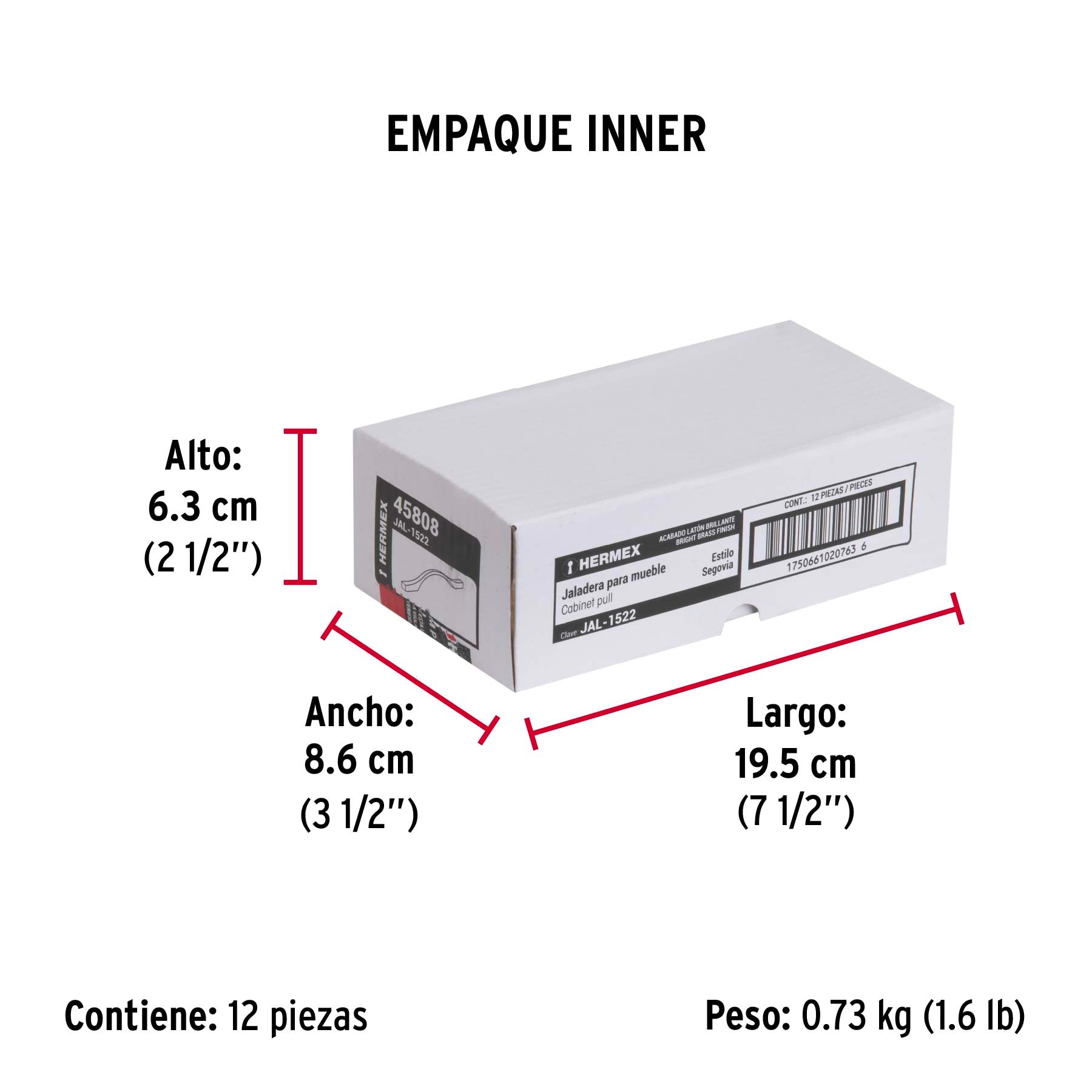 Jaladera de 128mm, línea Segovia, latón brillante, HERMEX - Empaque