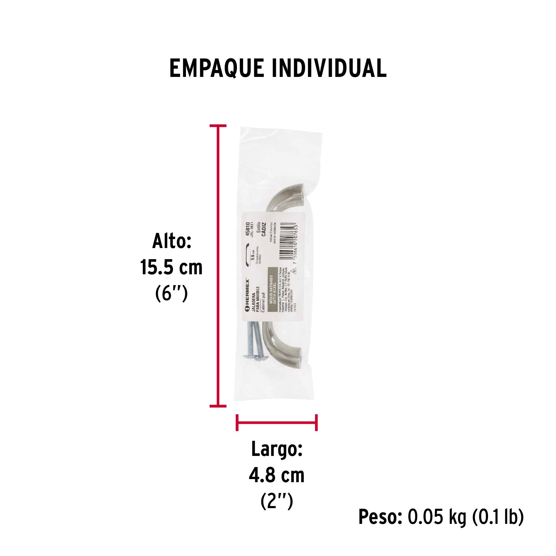 Jaladera de 96mm, línea Cádiz, níquel, HERMEX - Empaque