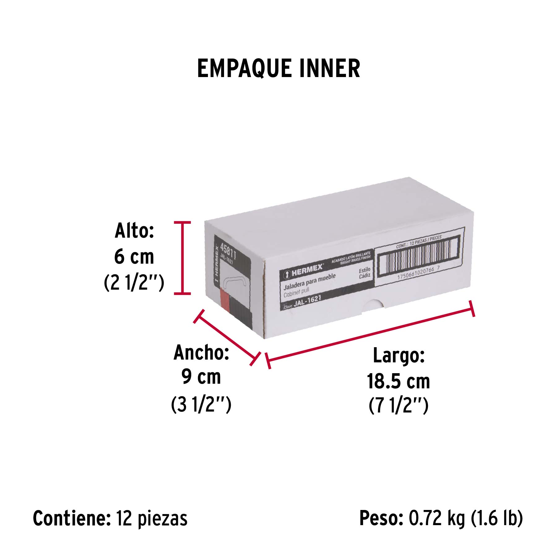 Jaladera de 96mm, línea Cádiz, latón brillante, HERMEX - Empaque