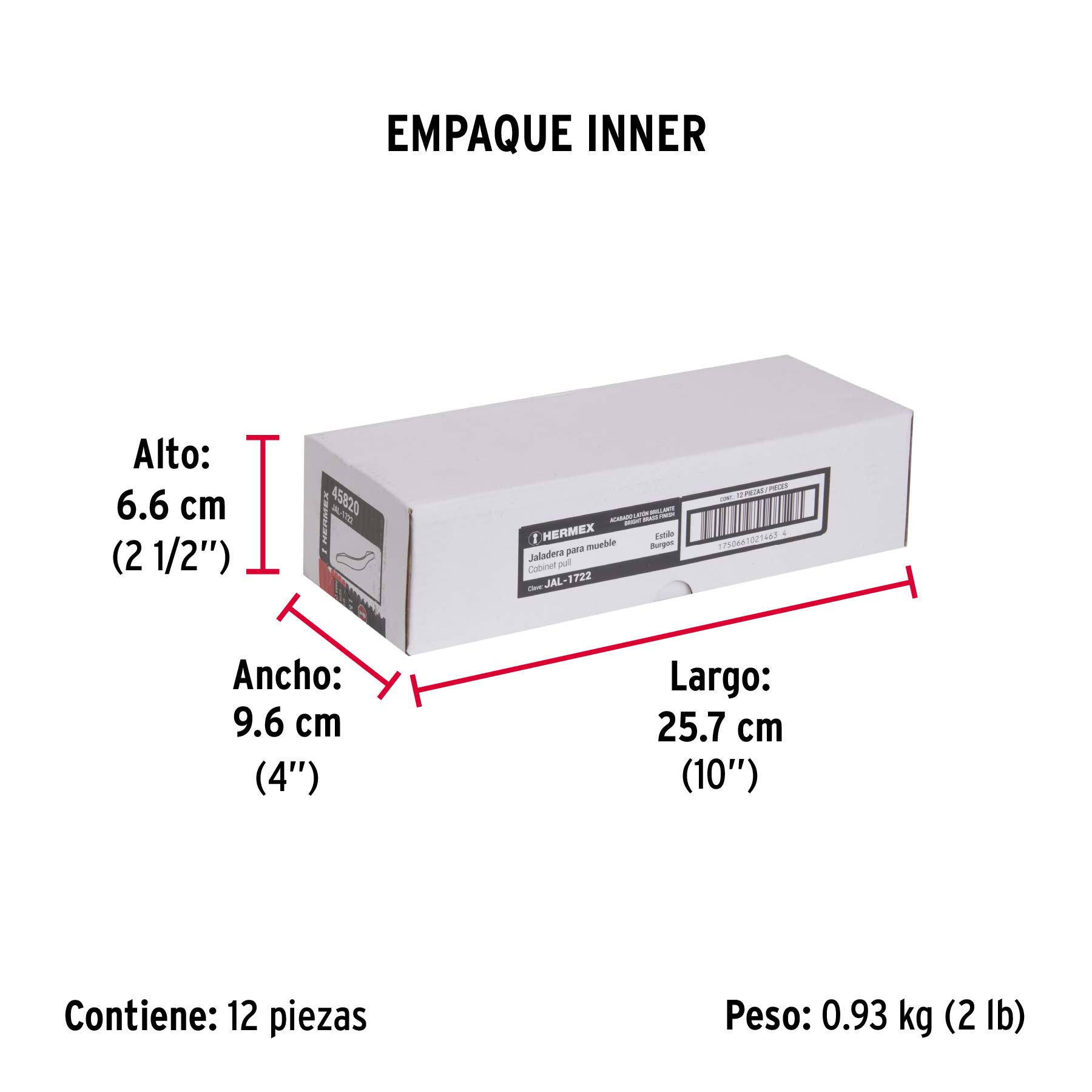 Jaladera de 128mm, línea Burgos, latón brillante, HERMEX - Empaque