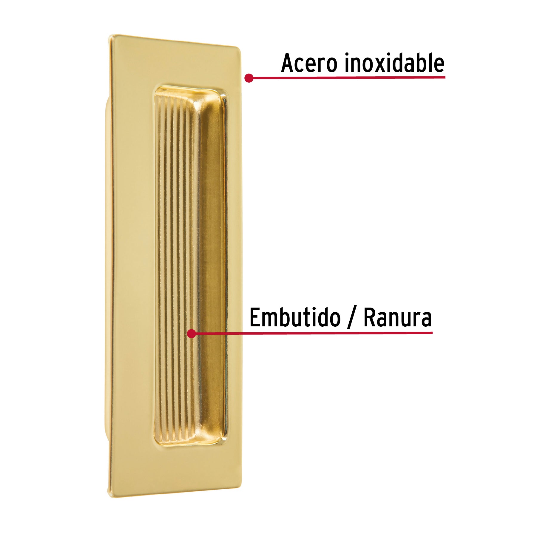 Jaladera de embutir cuadrada acabado latón brillante, HERMEX
