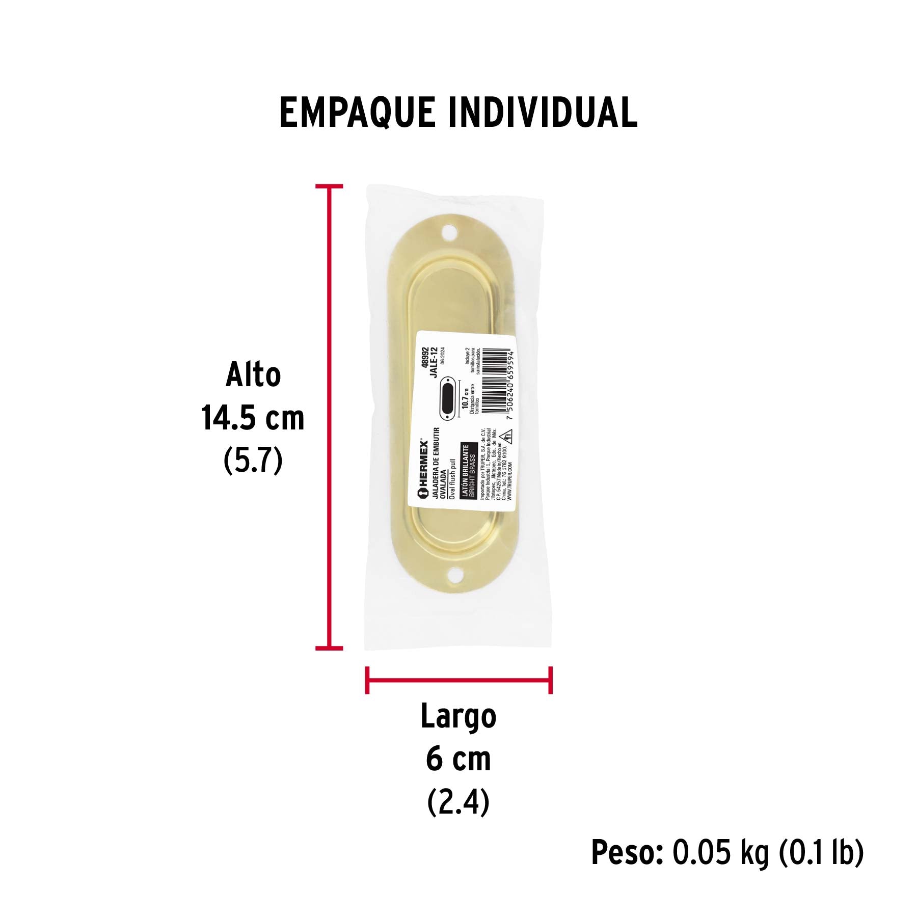 Jaladera de embutir ovalada acabado latón brillante, HERMEX - Empaque