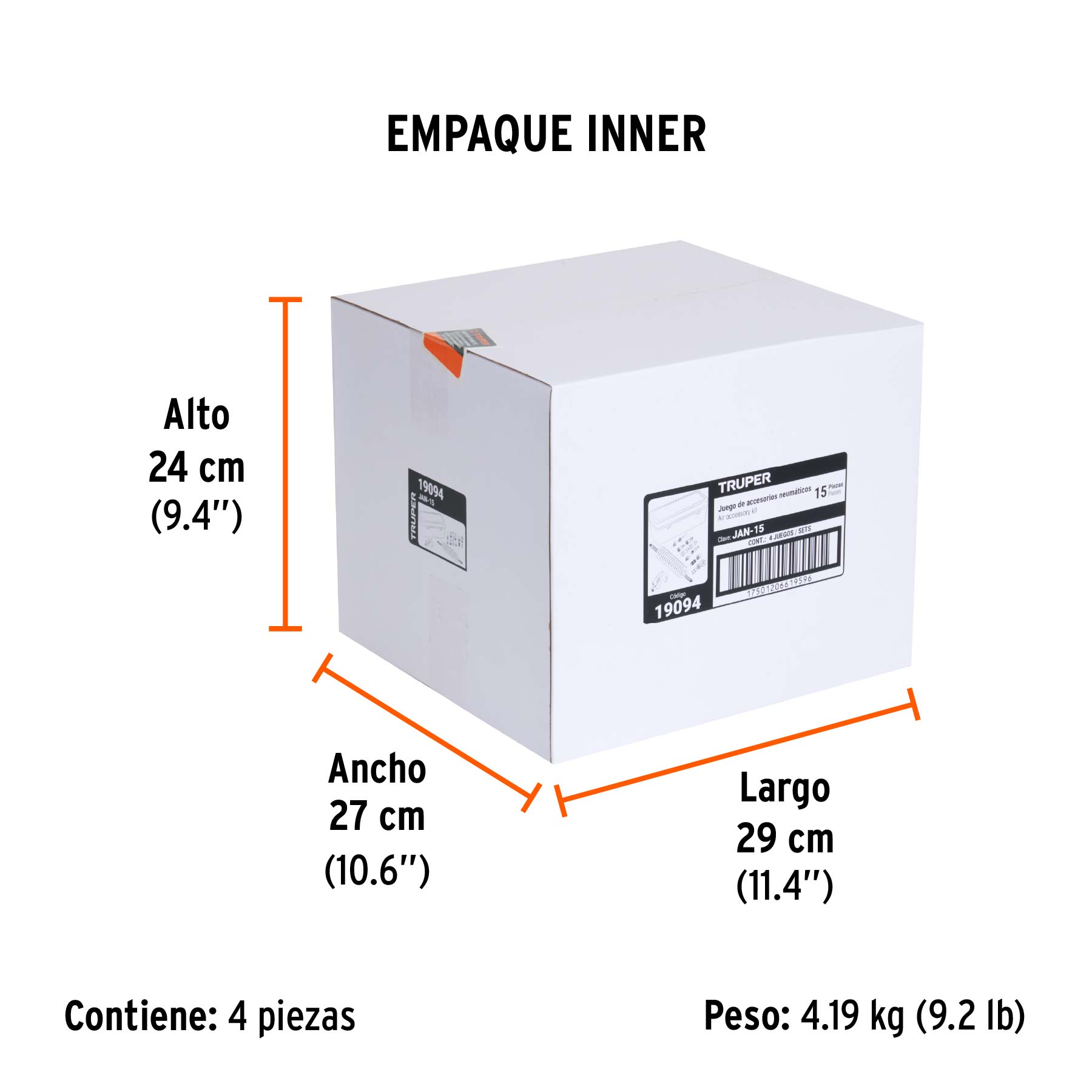 Juego de 15 accesorios neumáticos, cuerda 1/4" NPT, TRUPER - Empaque